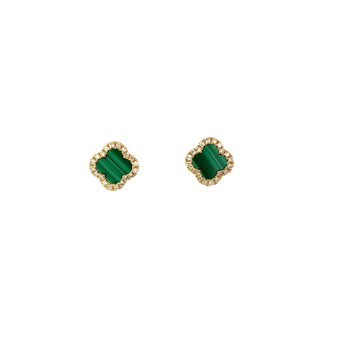 MALACHITE CLOVER EARRINGS WITH DIAMOND HALO SET IN 14K YELLOW GOLD