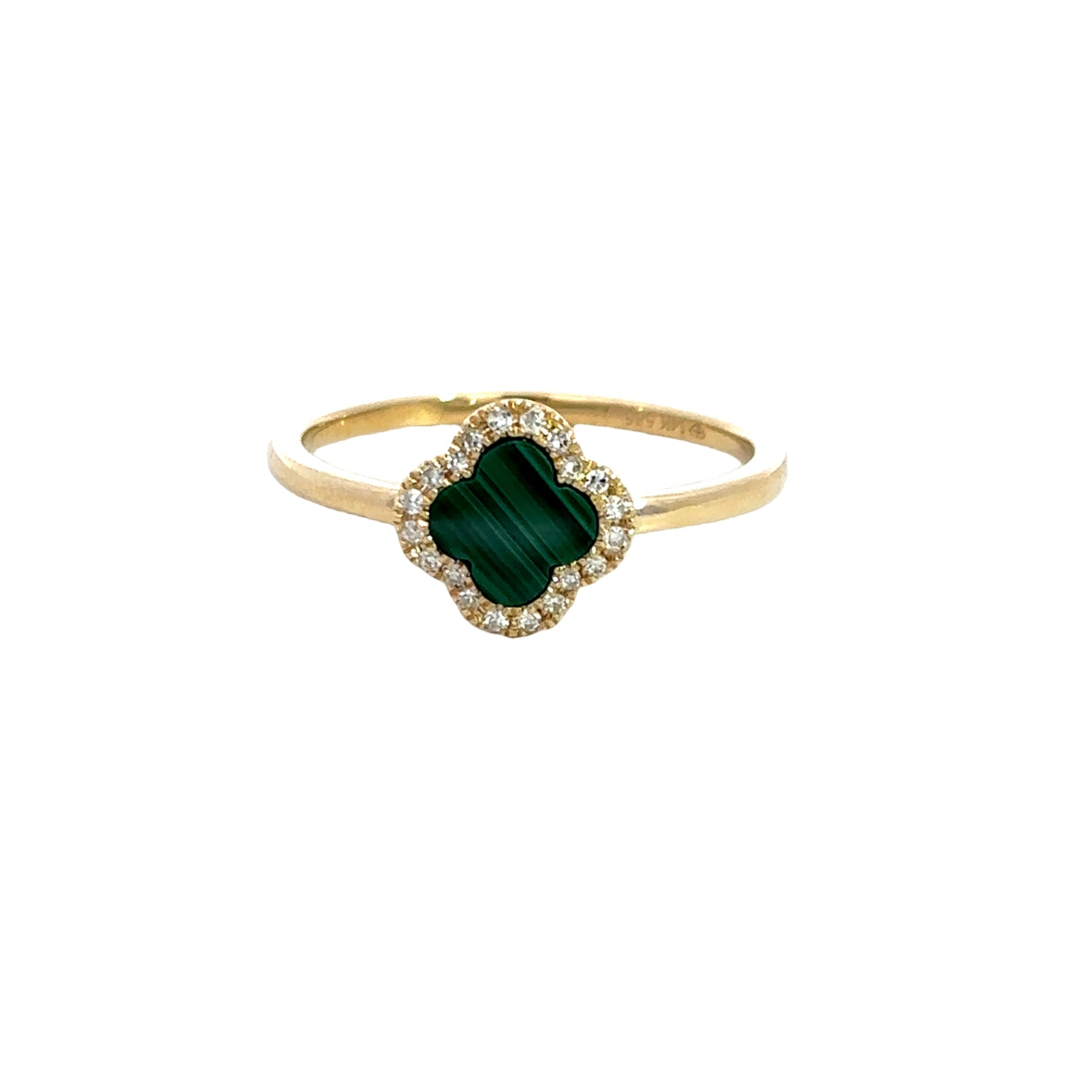 MALACHITE CLOVER WITH DIAMOND HALO RING SET IN 14K YELLOW GOLD