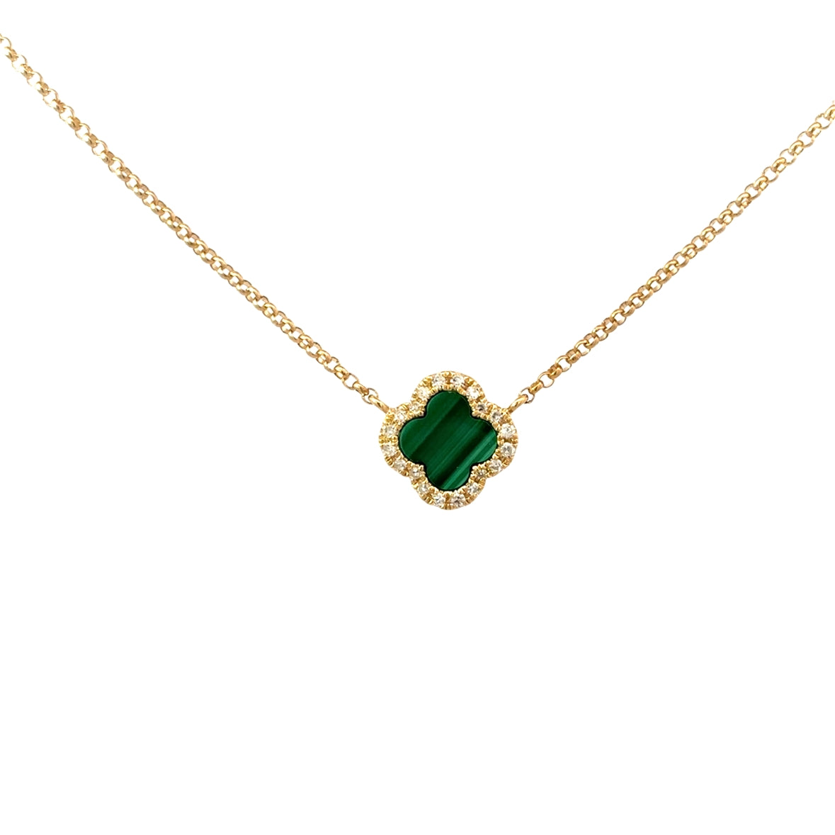 MALACHITE SMALL CLOVER WITH DIAMOND HALO NECKLACE SET IN 14K YELLOW GOLD