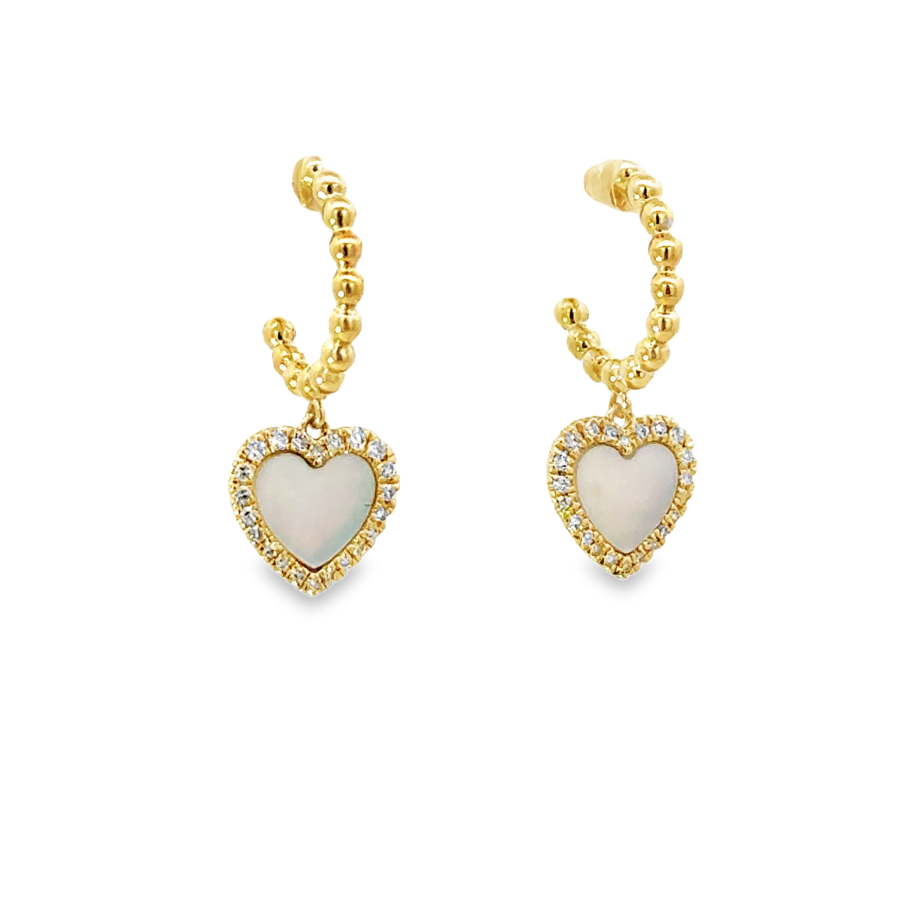 MOTHER OR PEARL HEART WITH DIAMOND PAVÉ EARRINGS SET IN 14K YELLOW GOLD