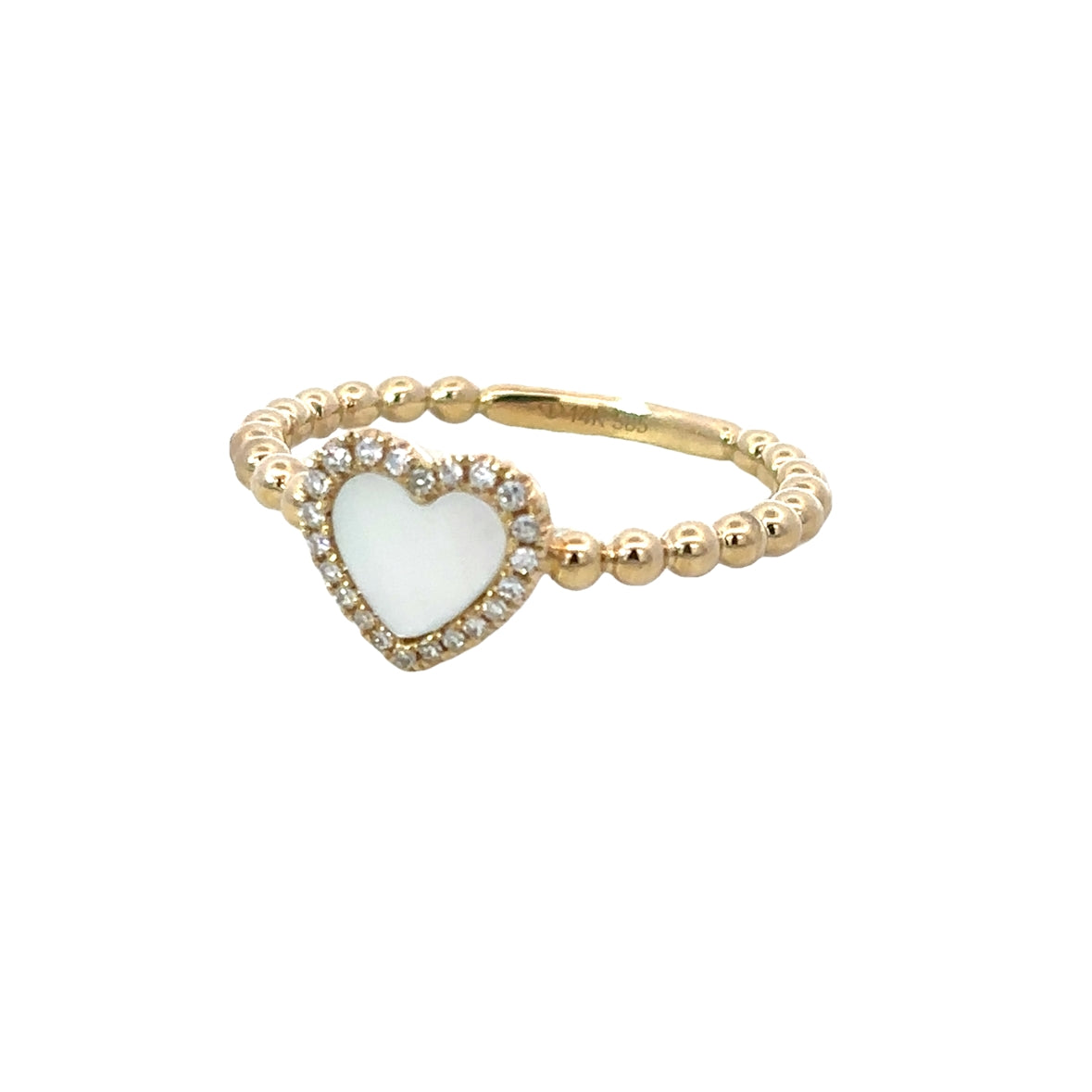 MOTHER OF PEARL HEART WITH DIAMOND HALO SET IN 14K YELLOW GOLD