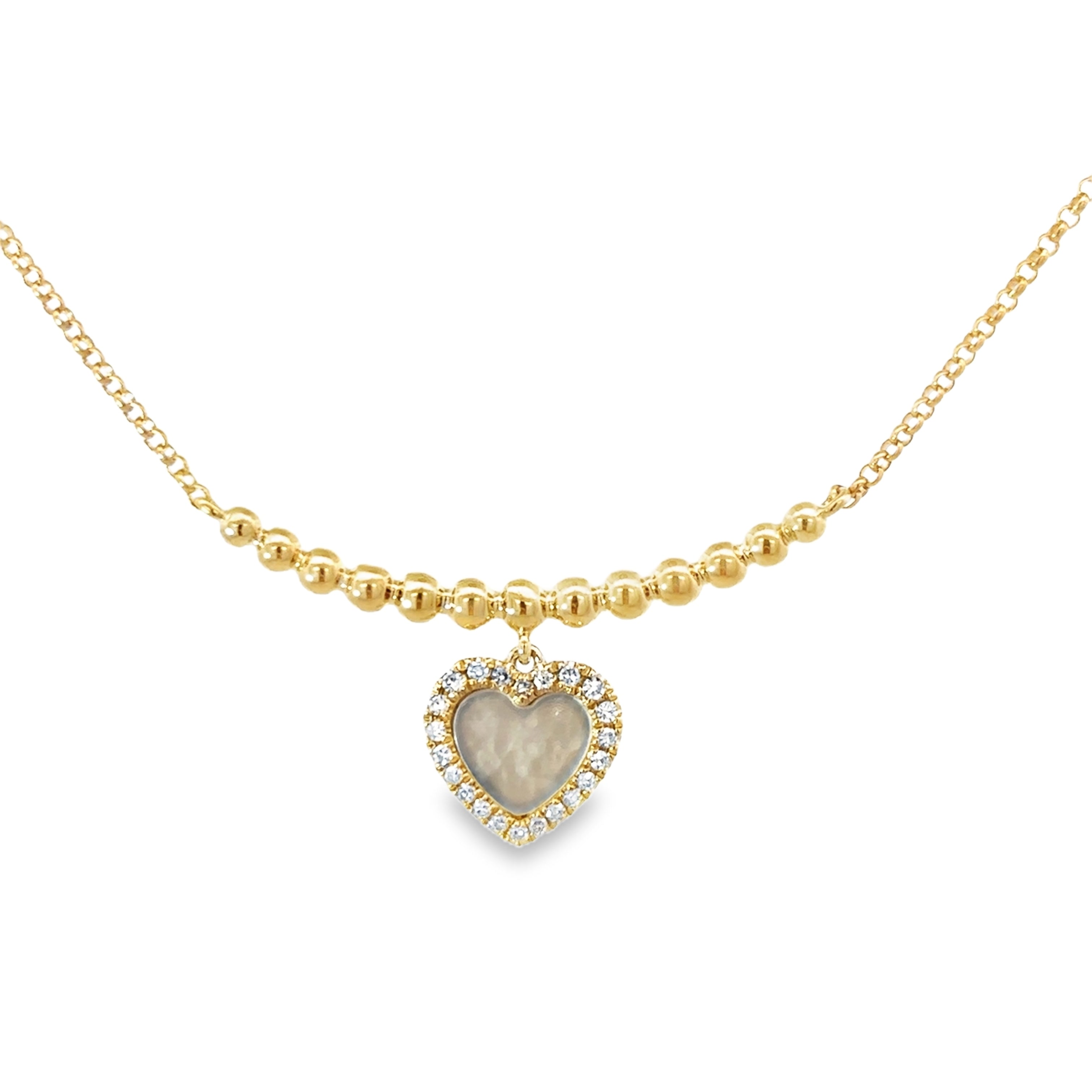 MOTHER OF PEARL HEART WITH DIAMOND HALO ON A BEADS NECKLACE SET IN 14K YELLOW GOLD