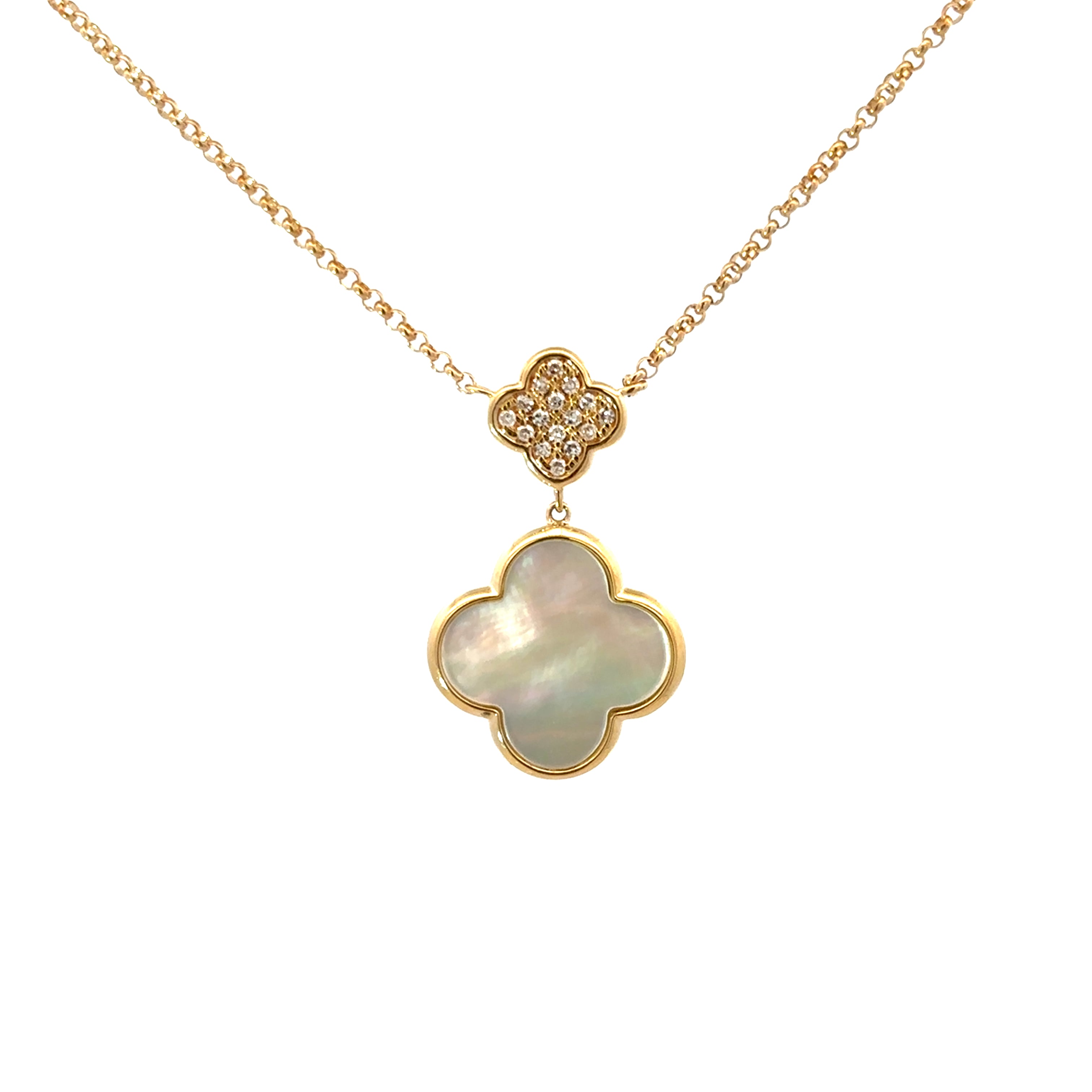 DIAMOND AND MOTHER OF PEARL CLOVER NECKLACE SET IN 14K YELLOW GOLD