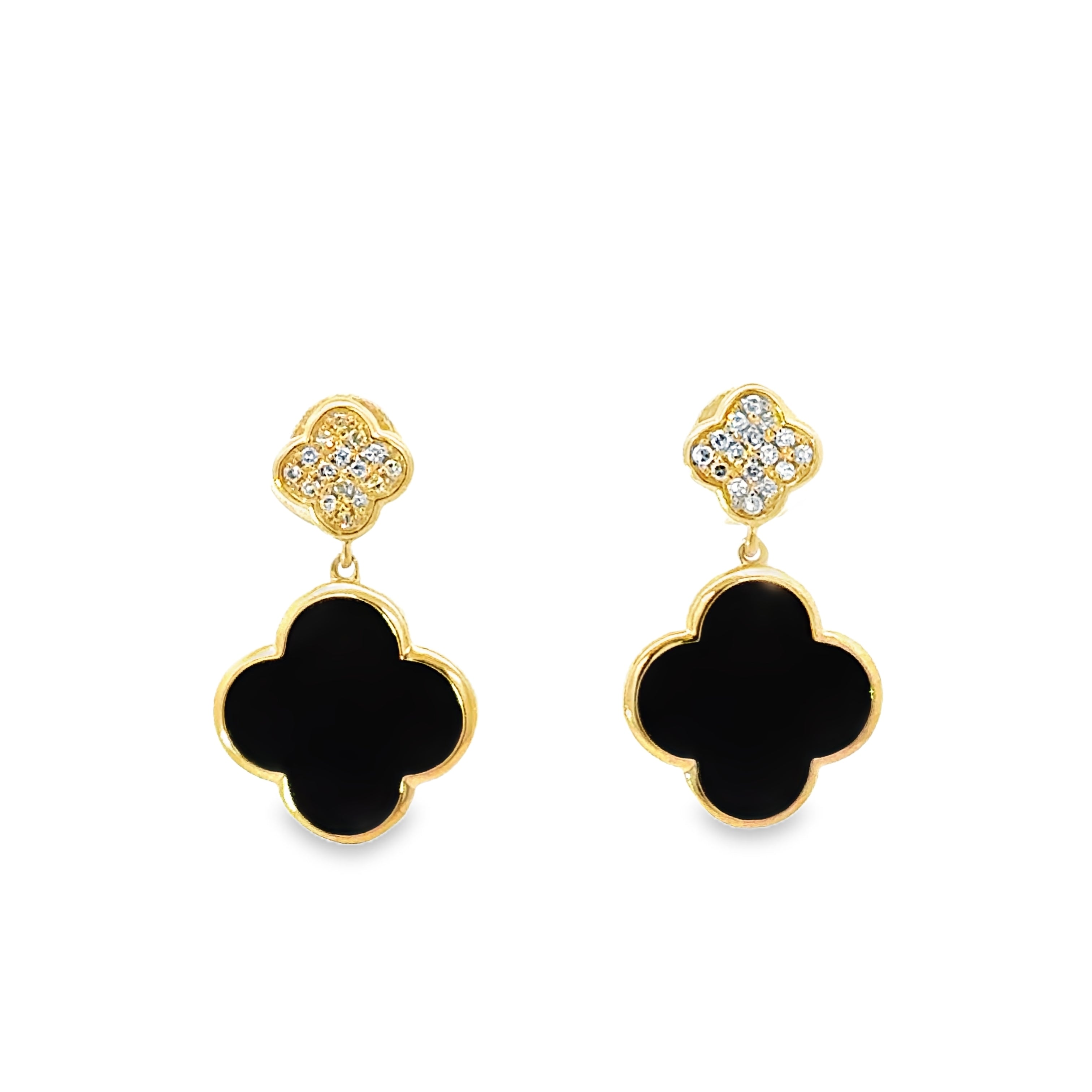 DIAMOND AND ONYX CLOVERS SET IN 14K YELLOW GOLD