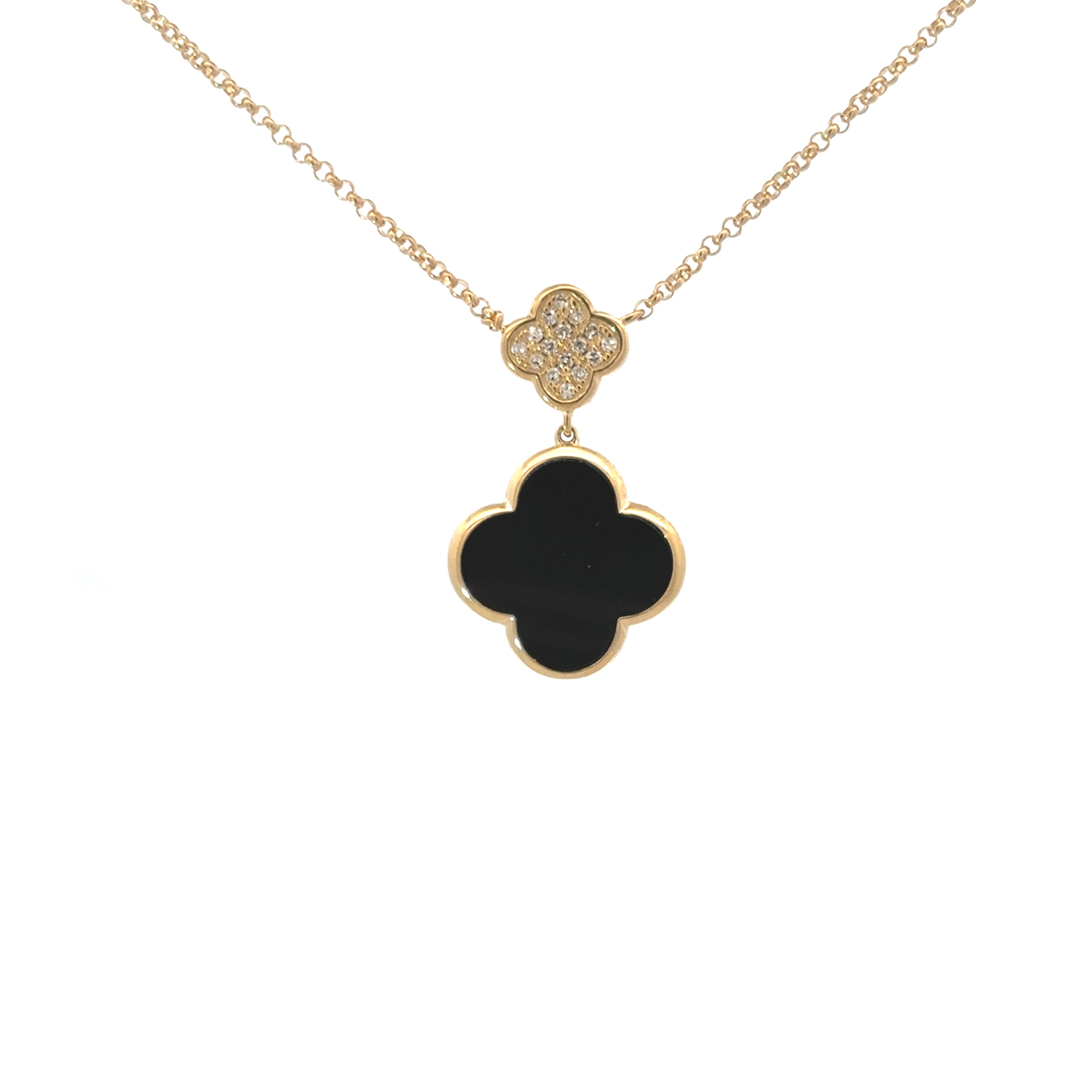 BLACK ONYX AND DIAMOND CLOVERS NECKLACE SET IN 14K YELLOW GOLD