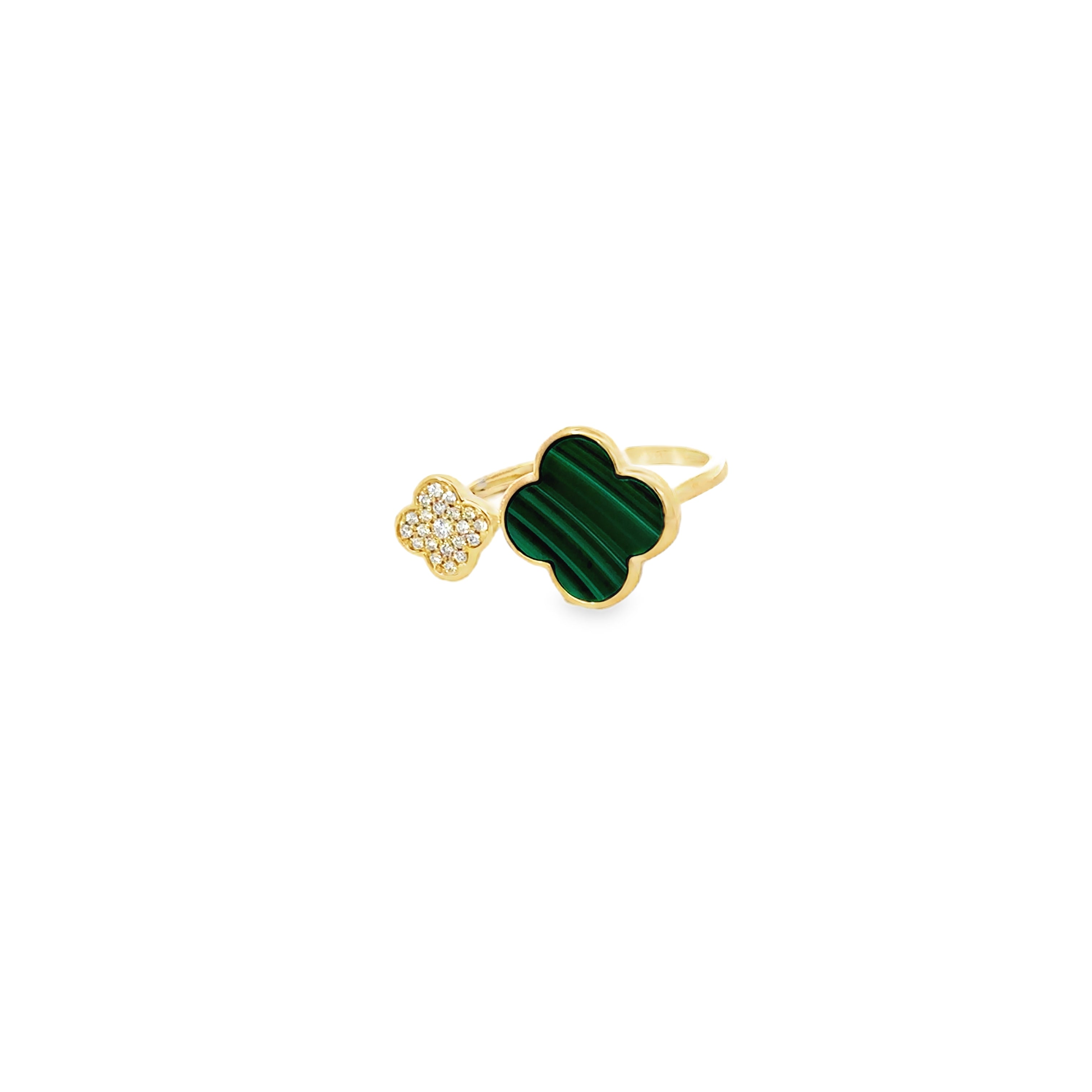 MEDIUM MALACHITE CLOVER WITH MINI DIAMOND CLOVER RING SET IN 14K YELLOW GOLD