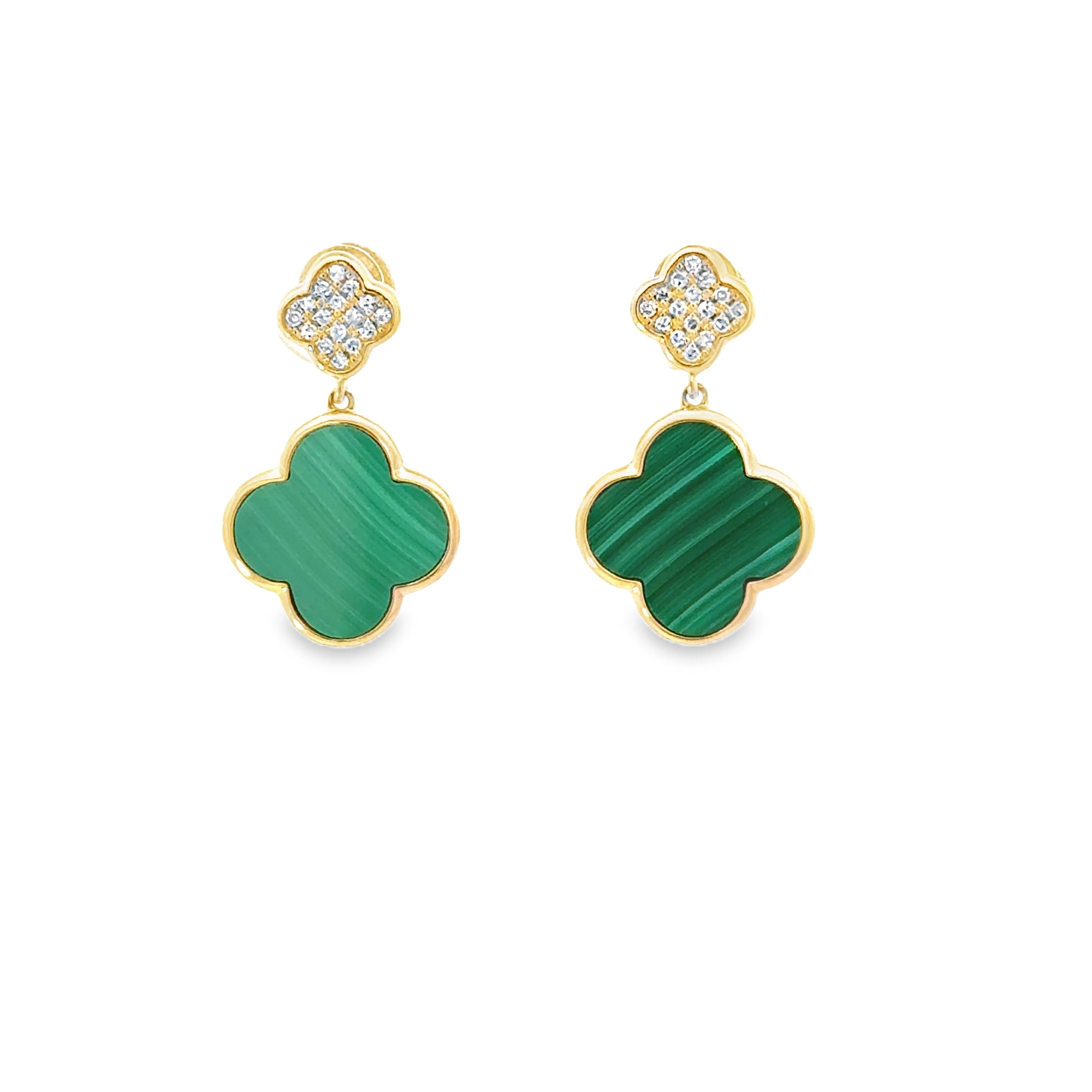 DIAMOND AND MALACHITE CLOVER DROP EARRINGS SET IN 14K YELLOW GOLD