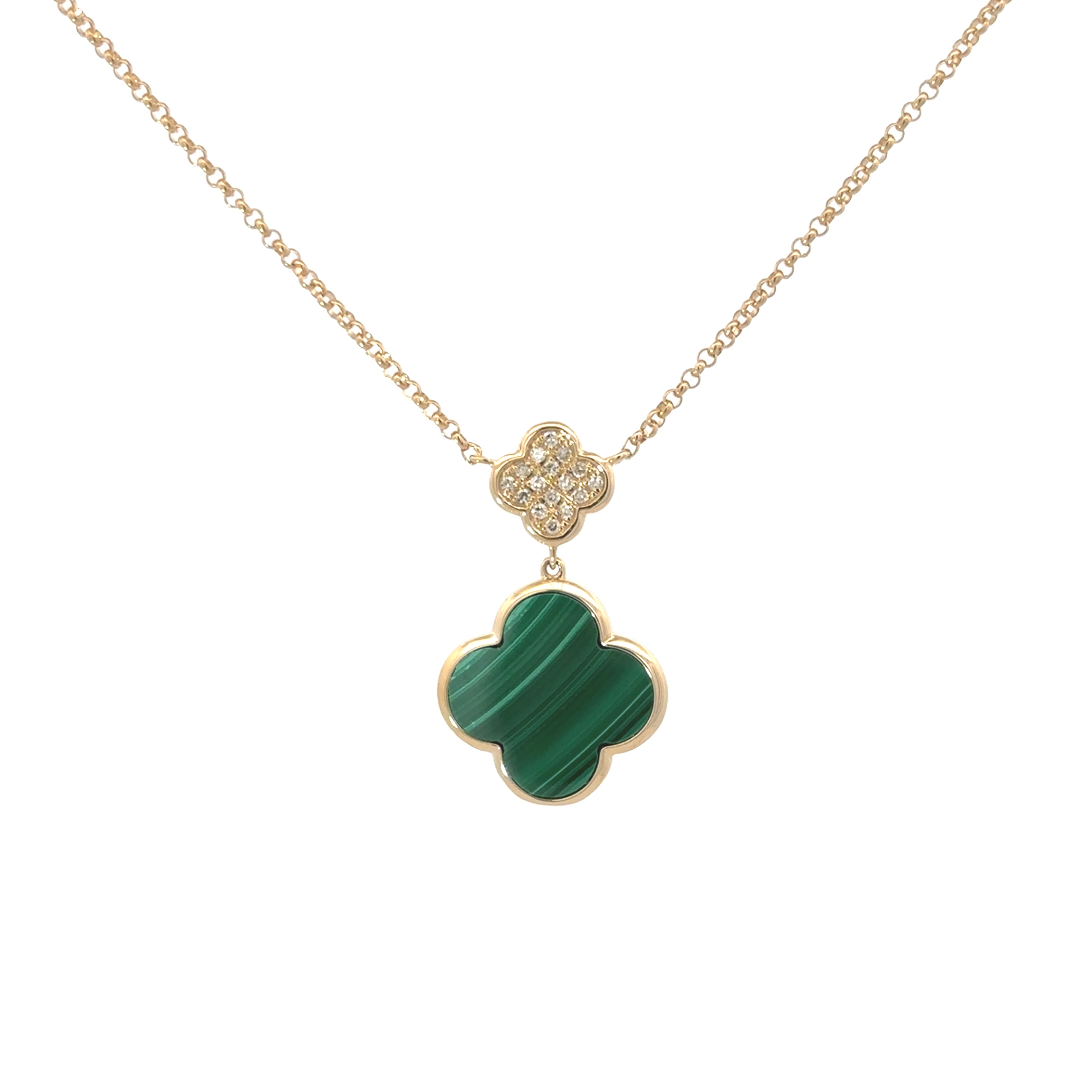 MALACHITE AND DIAMOND CLOVERS NECKLACE SET IN 14K YELLOW GOLD