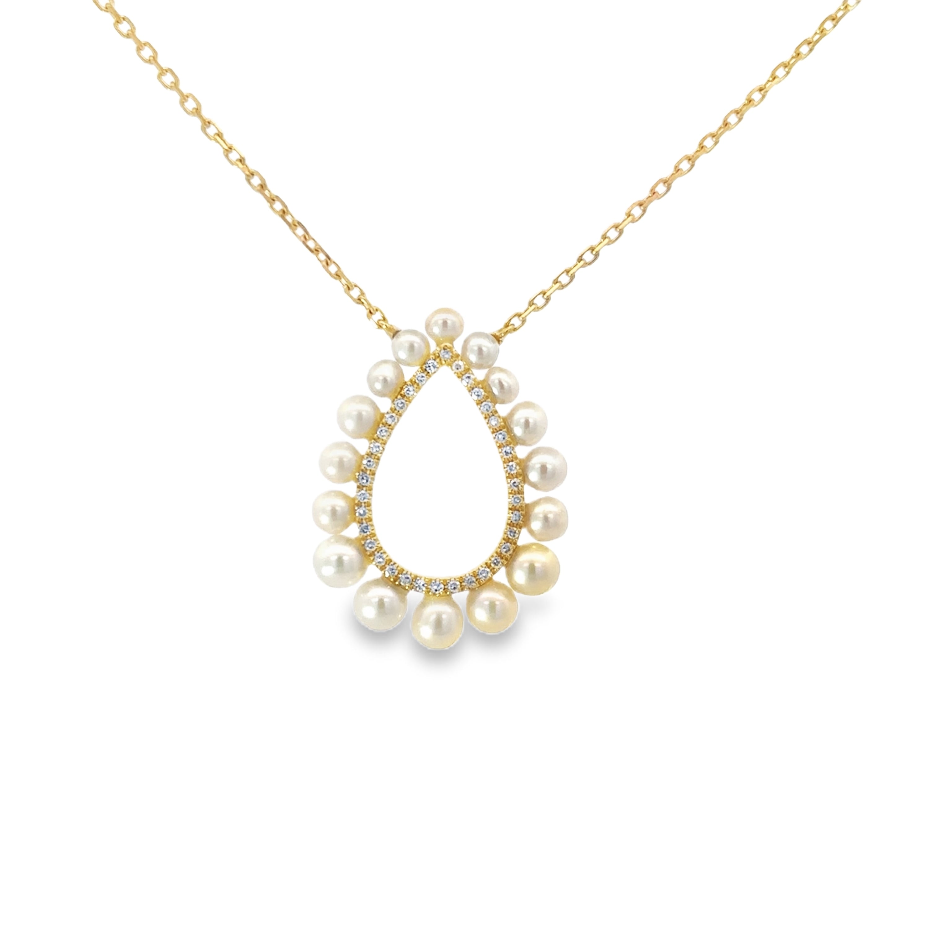 PEARL AND DIAMOND OUTLINE DROP NECKLACE SEDT IN 14K YELLOW GOLD