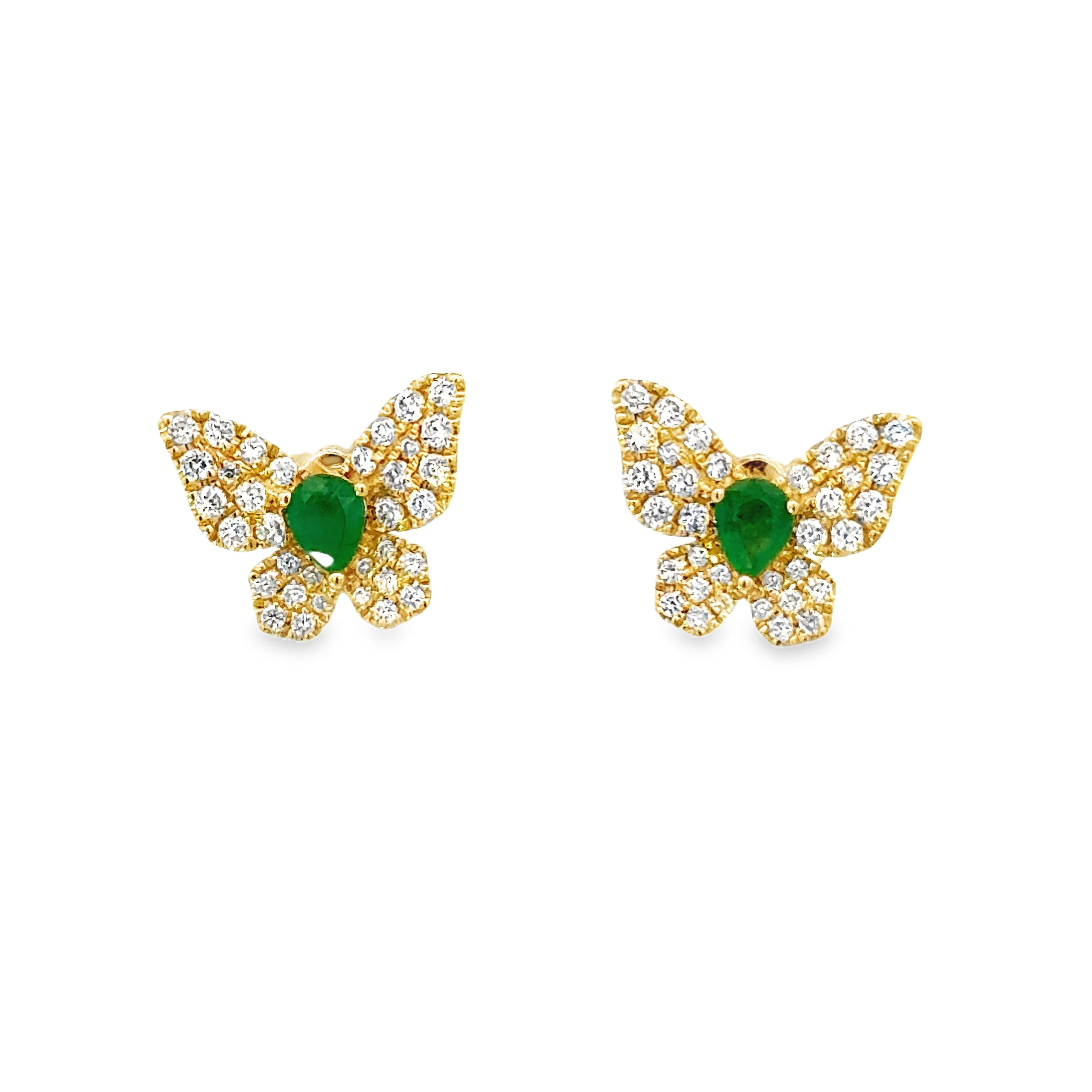 DIAMOND PAVÉ BUTTERFLY EARRINGS WITH AN EMERALD ACCENT SET IN 14K YELLOW GOLD