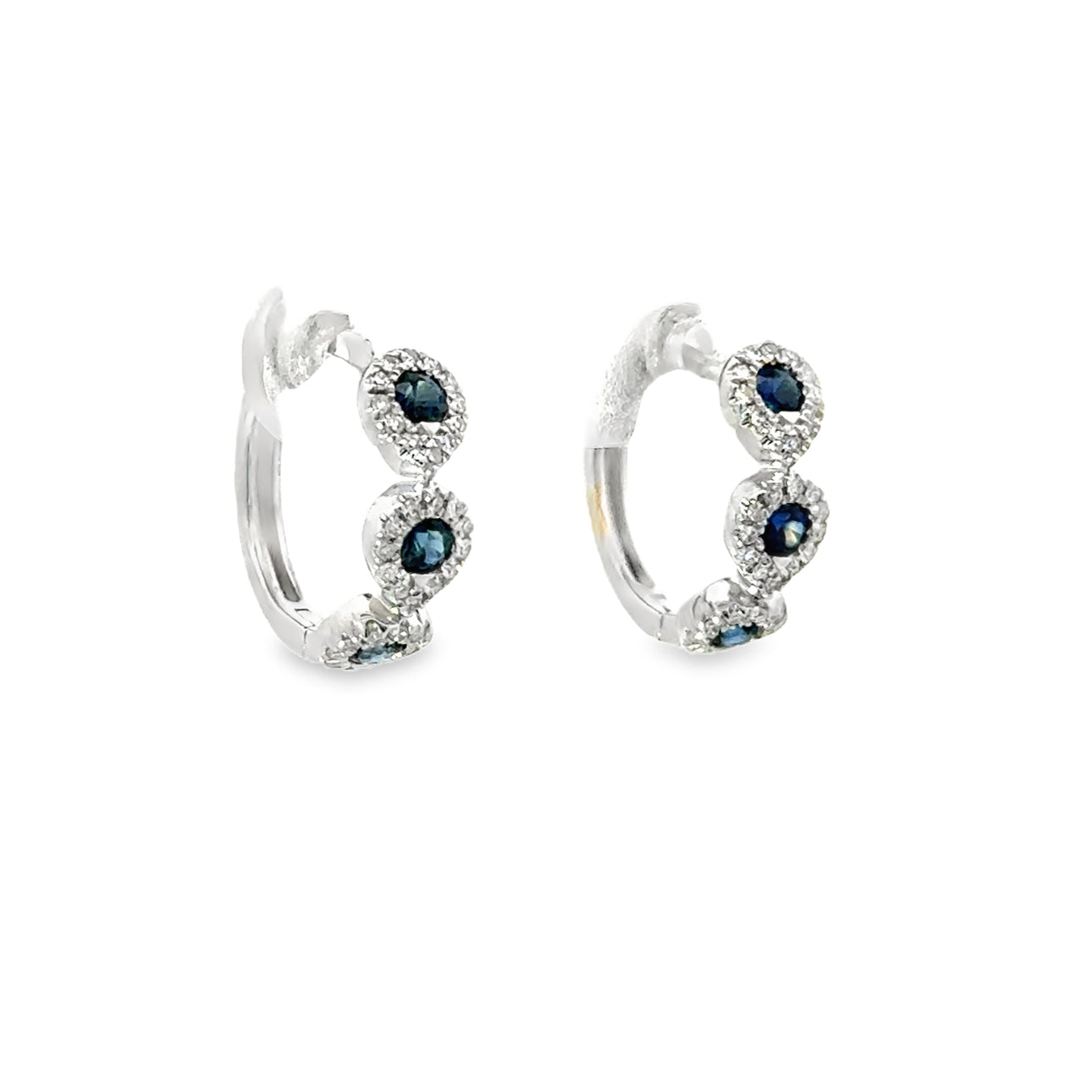 BLUE SAPPHIRE HUGGIES WITH DIAMOND PAVÉ EARRINGS SET IN 14K WHITE GOLD