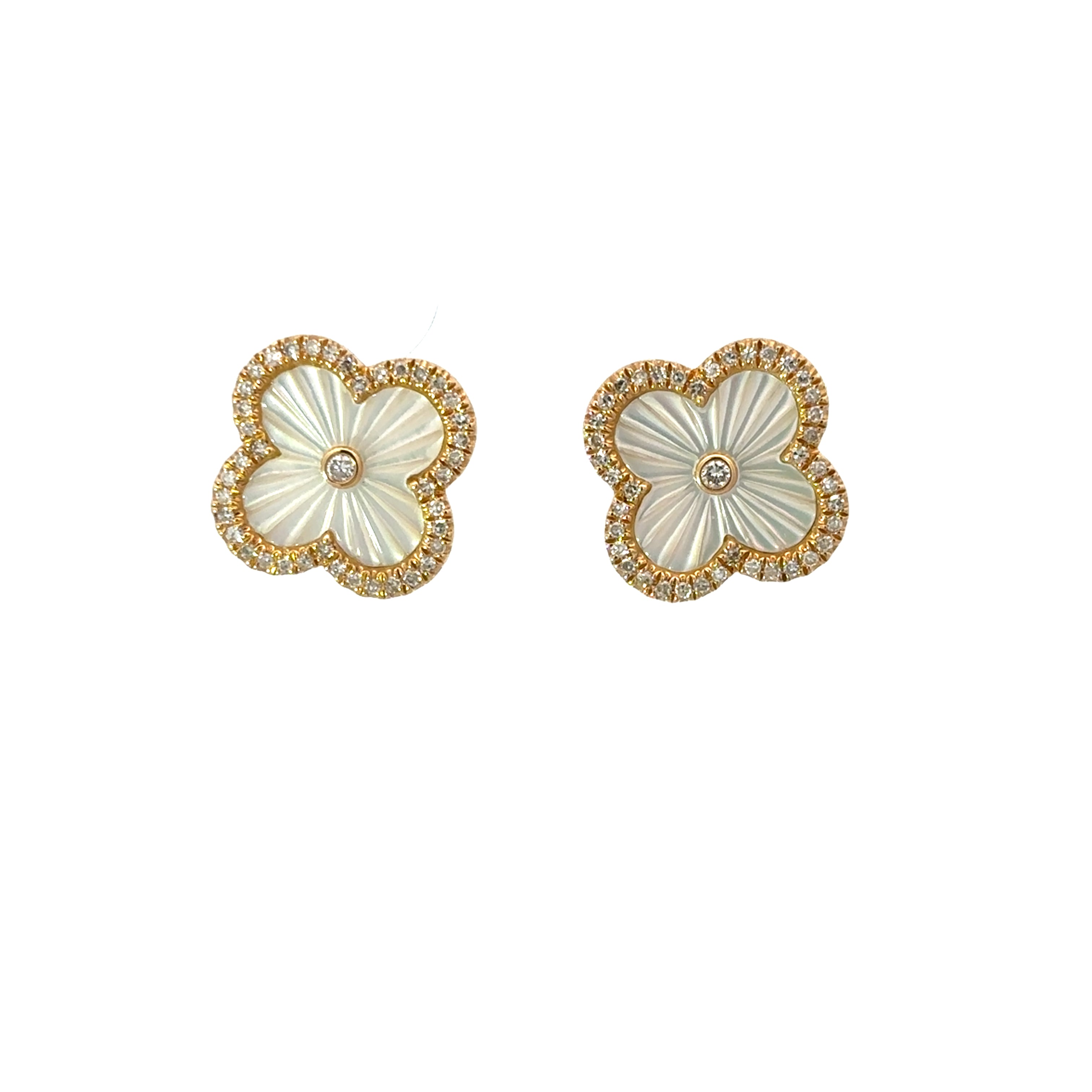 MOTHER OF PEARL CLOVER WITH DIAMOND HALO EARRINGS SET IN 14K YELLOW GOLD