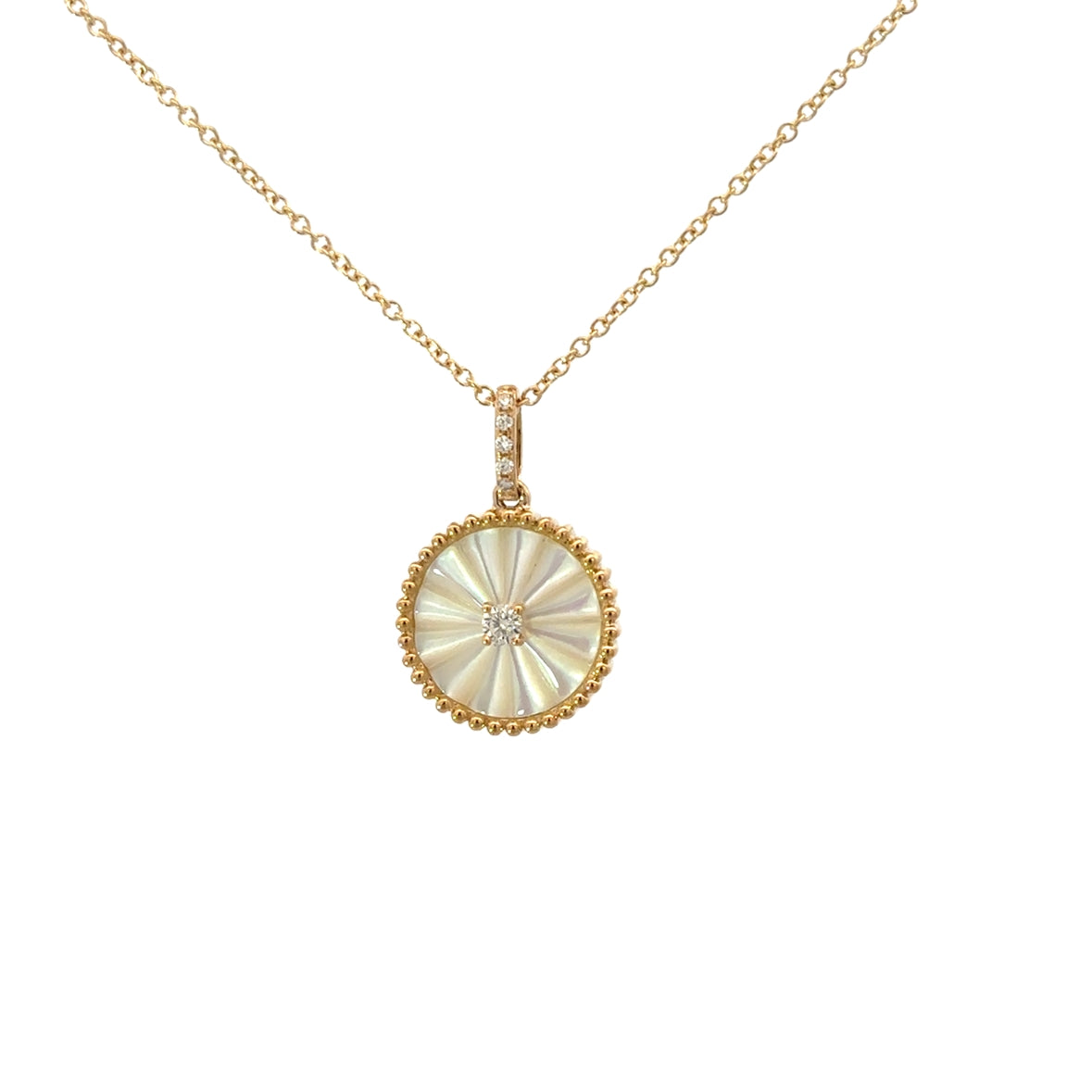 MOTHER OF PEARL TEXTURED COIN WITH DIAMOND ACCENT NECKLACE SET IN 14K YELLOW GOLD