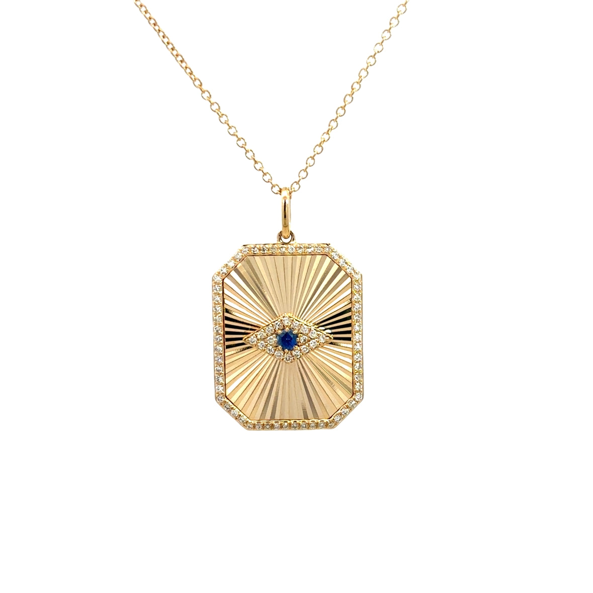 DIAMOND AND BLUE SAPPHIRE EVIL EYE ON TEXTURED TAG NECKLACE SET IN 14K YELLOW GOLD