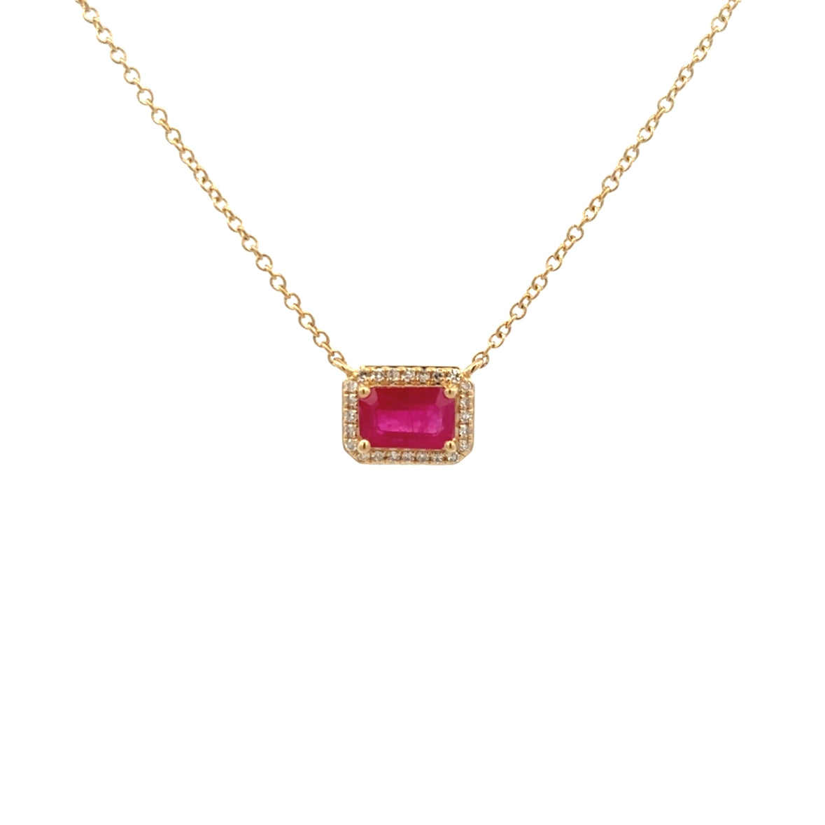 RUBY BAGUETTE WITH DIAMOND HALO NECKLACE SET IN 14K YELLOW GOLD