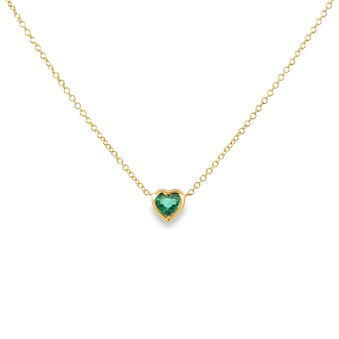 EMERALD HEART BEZEL NECKLACE SET IN 14K YELLOW GOLD