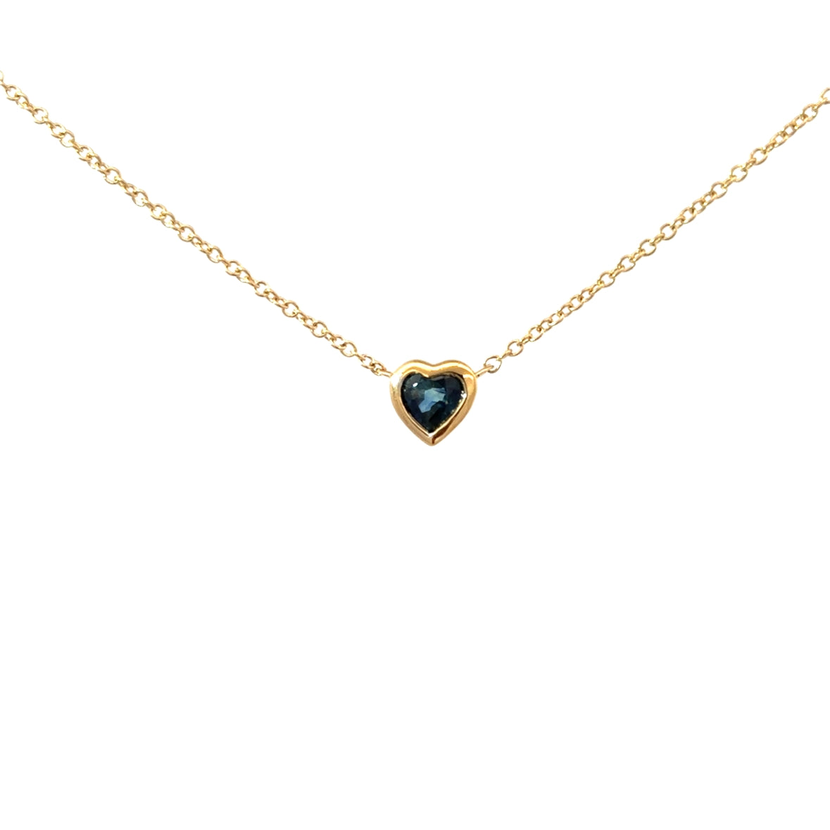 BLUE SAPPHIRE HEART BEZEL NECKLACE SET IN 14K YELLOW GOLD