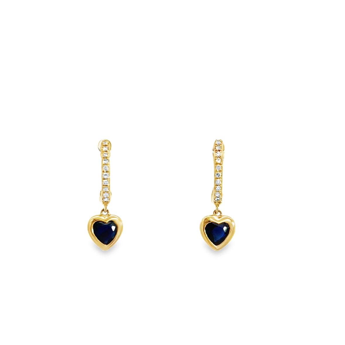 BLUE SAPPHIRE HEART BEZEL WITH DIAMOND PAVÉ HUGGIES SET IN 14K YELLOW GOLD