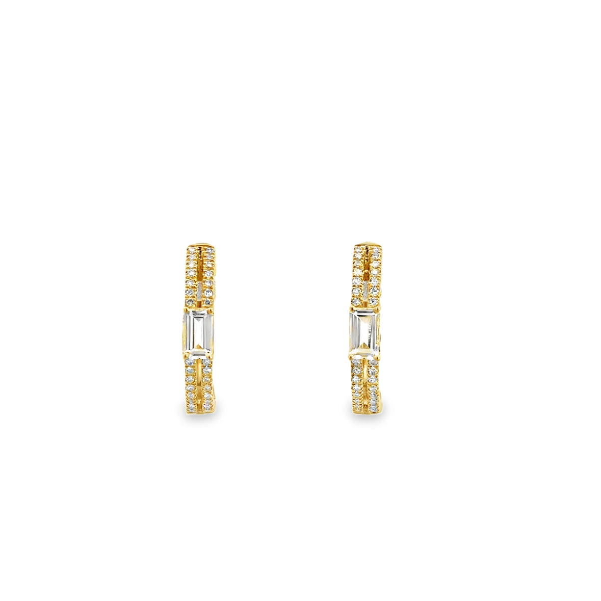 TOPAZ BAGUETTE AND DIAMOND PAVÉ HUGGIES SET IN 14K YELLOW GOLD