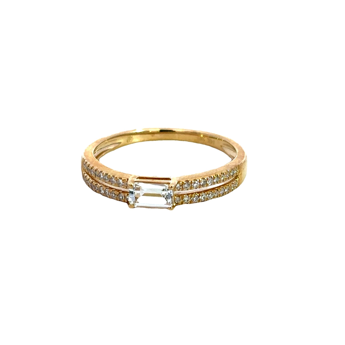 TOPAZ BAGUETE WITH TWO ROW DIAMOND PAVÉ RING SET IN 14K YELLOW GOLD