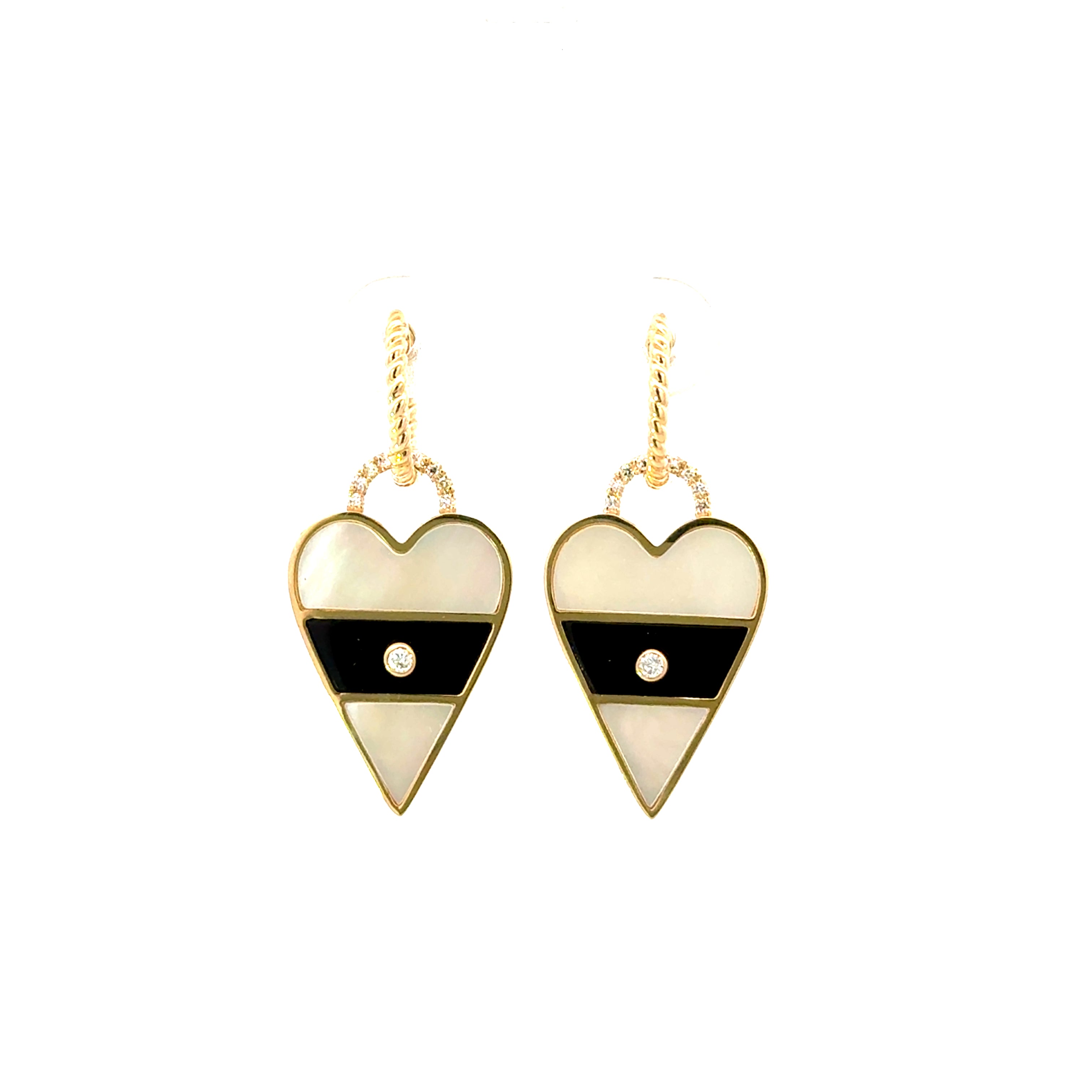 MOTHER OF PEARL HEART EARRINGS WITH DIAMOND ACCENT SET IN 14K YELLOW GOLD