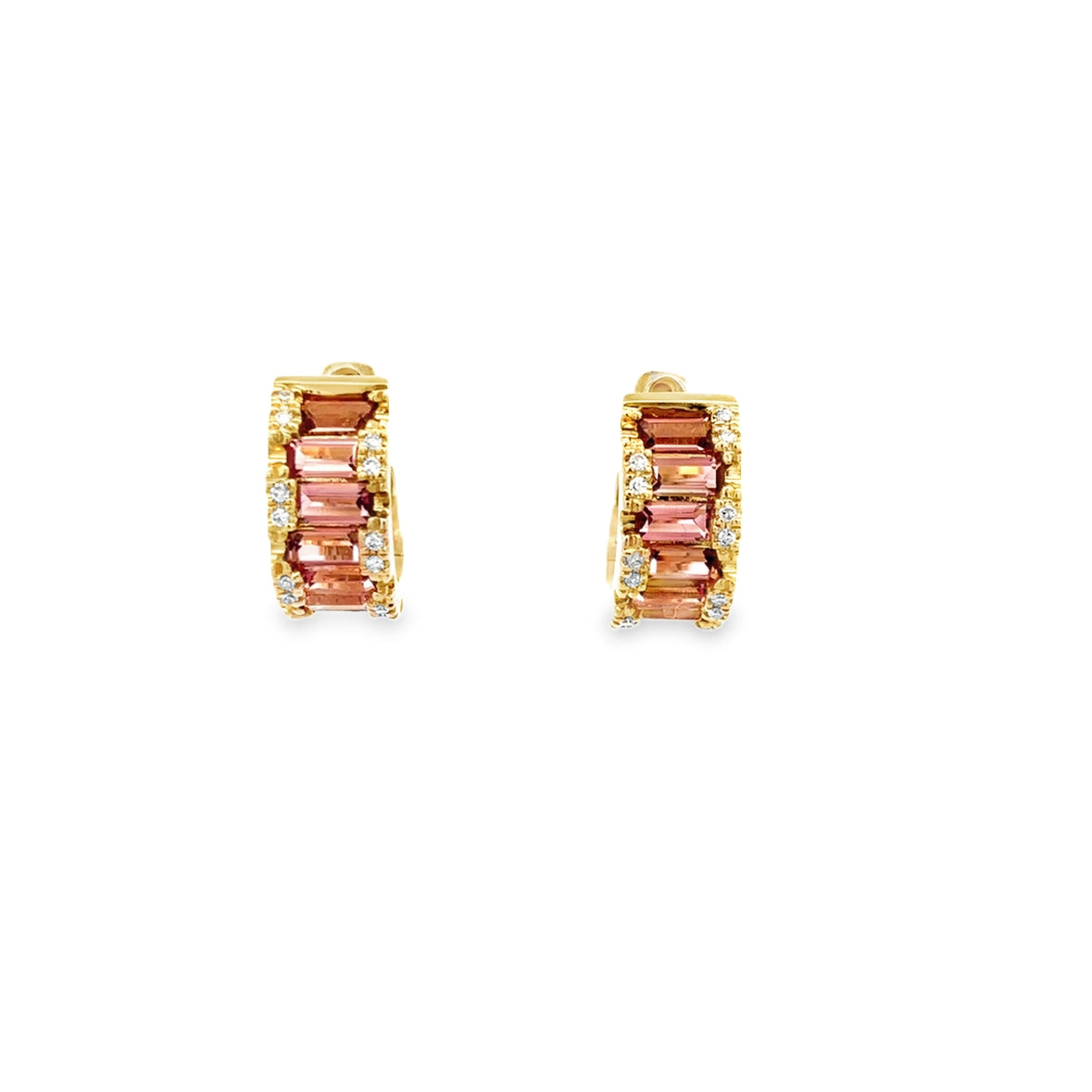 PINK TOPAZ BAGUETTE WITH DIAMOND PAVÉ HUGGIES SET IN 14K YELLOW GOLD