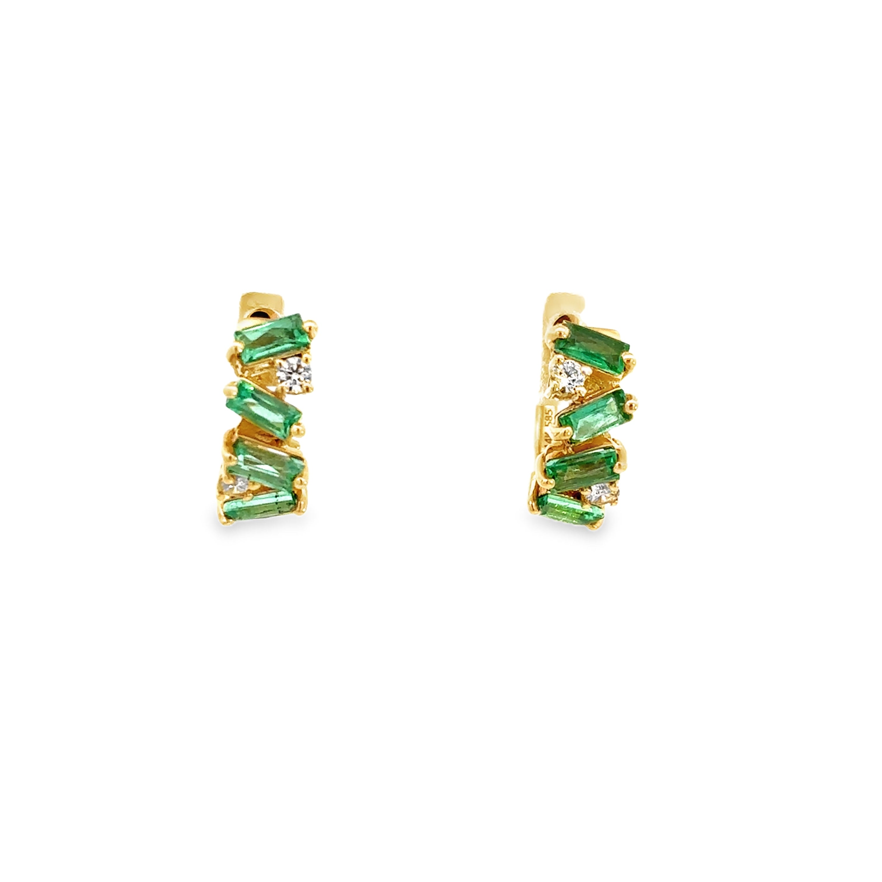 EMERALD BAGUETTE WITH DIAMOND ACCENT HUGGIES SET IN 14K YELLOW GOLD