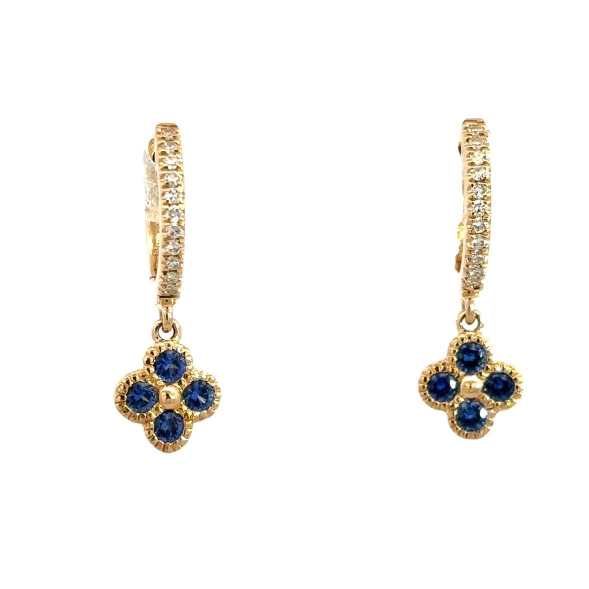 BLUE SAPPHIRE MINI CLOVER PENDANT WITH DIAMOND HUGGIES SET IN 14K YELLOW GOLD