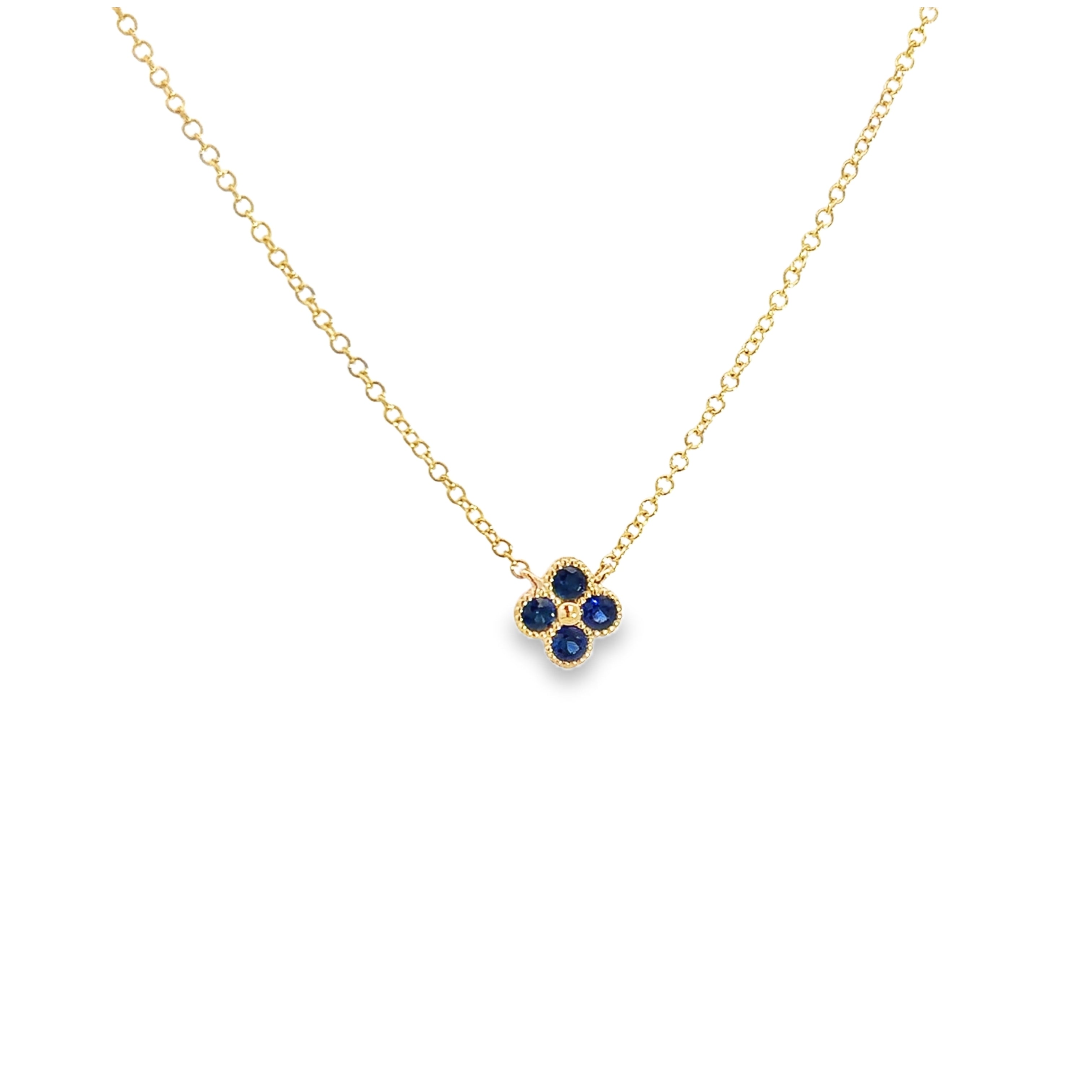 BLUE SAPPHIRE CLOVER NECKLACE SET IN 14K YELLOW GOLD