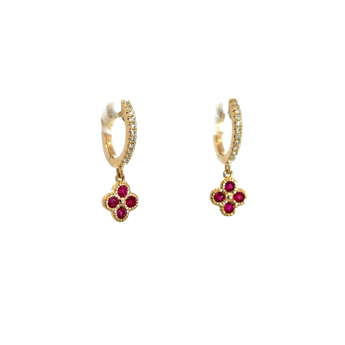 RUBY CLOVER PENDANT ON DIAMOND HUGGIES SET IN 14K YELLOW GOLD