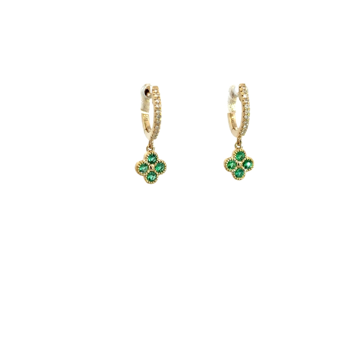 EMERALD MINI CLOVER PENDANT ON DIAMOND PAVÉ HUGGIES SET IN 14K YELLOW GOLD