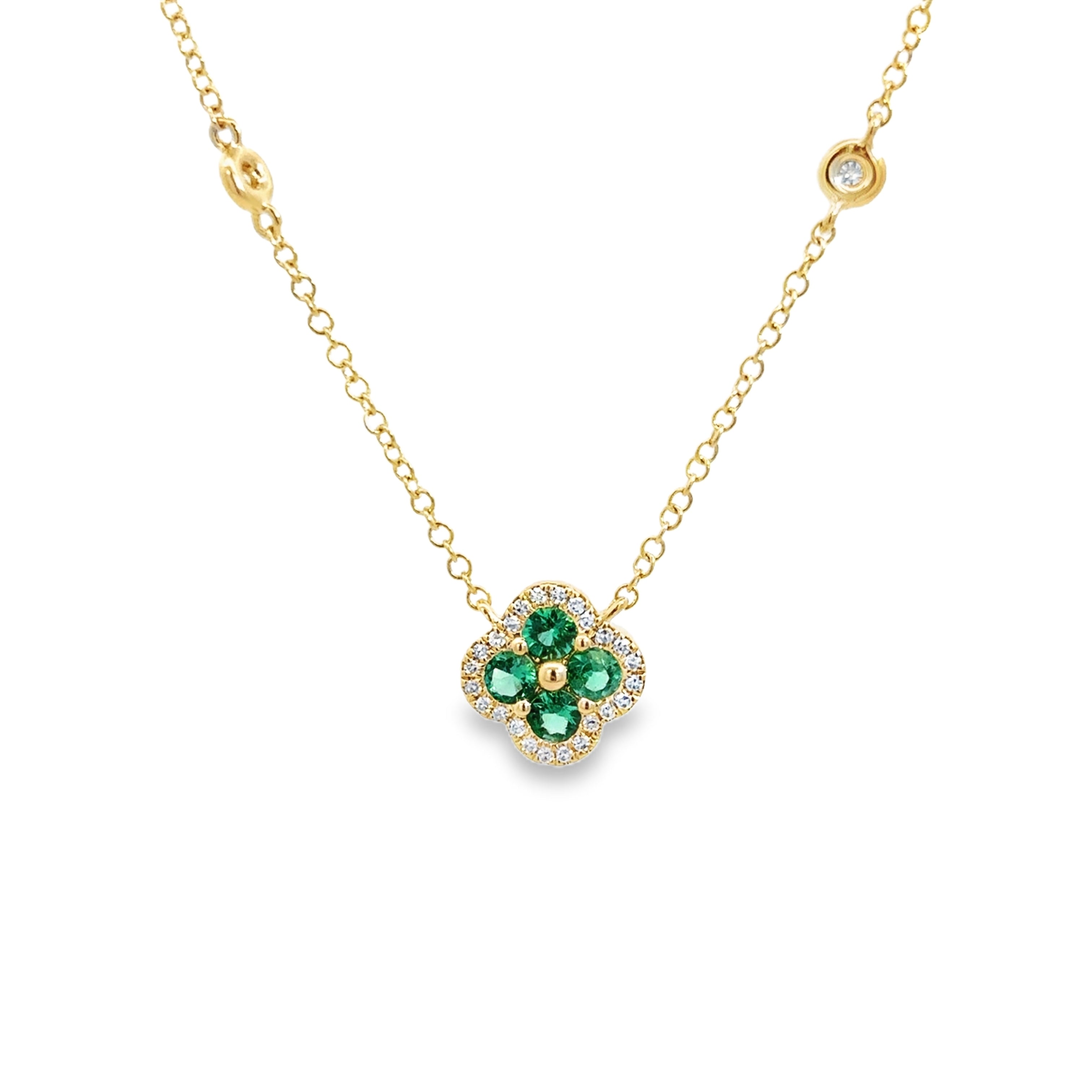 EMERALD CLOVER PENDANT WITH DIAMOND STATION NECKLACE SET IN 14K YELLOW GOLD