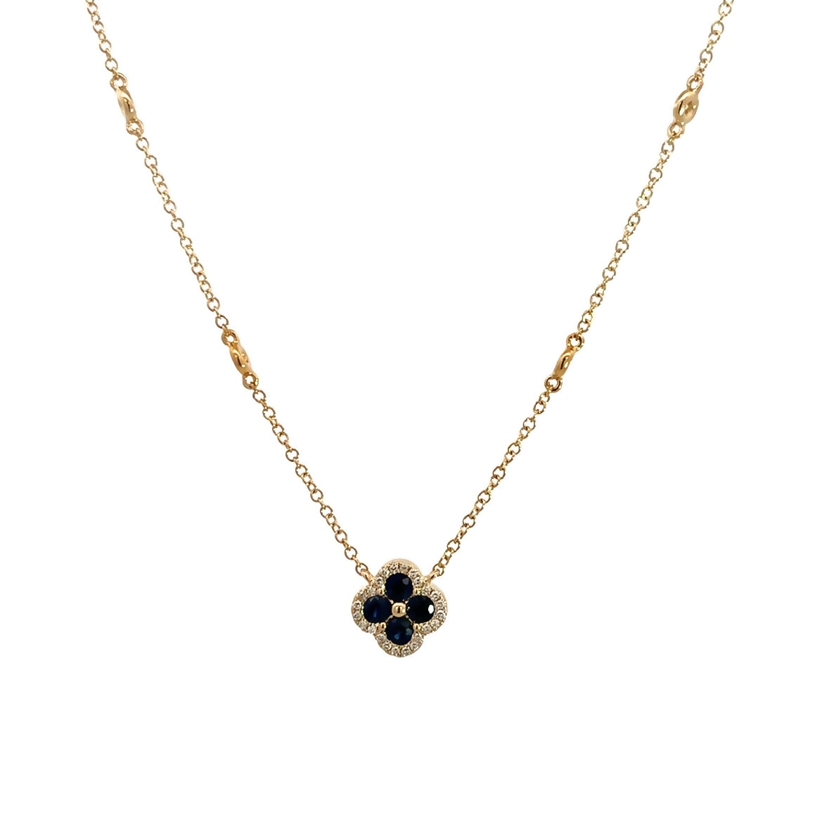 BLUE SAPPHIRE CLOVER WITH DIAMOND HALO NECKLACE SET IN 14K YELLOW GOLD