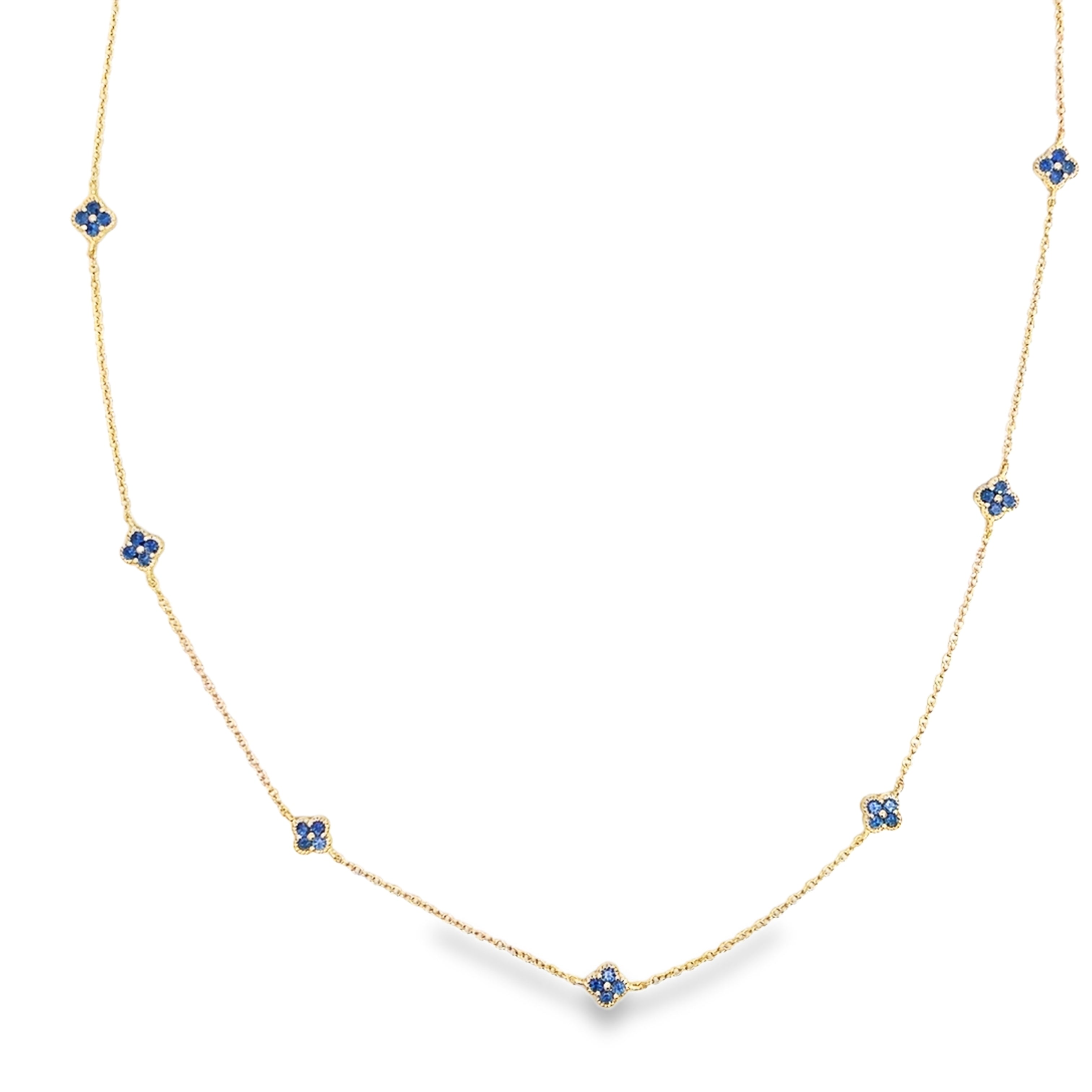 BLUE SAPPHIRE MINI CLOVERS NECKLACE SET IN 14K YELLOW GOLD