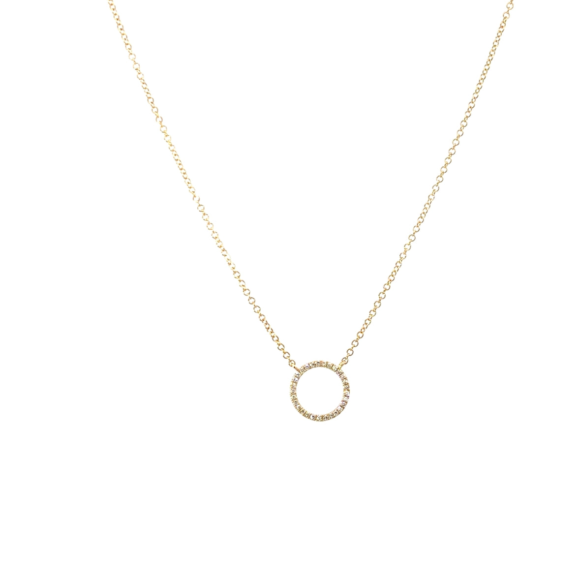 SMAL DIAMOND OUTLINE CIRCLE NECKLACE SET IN 14K YELLOW GOLD