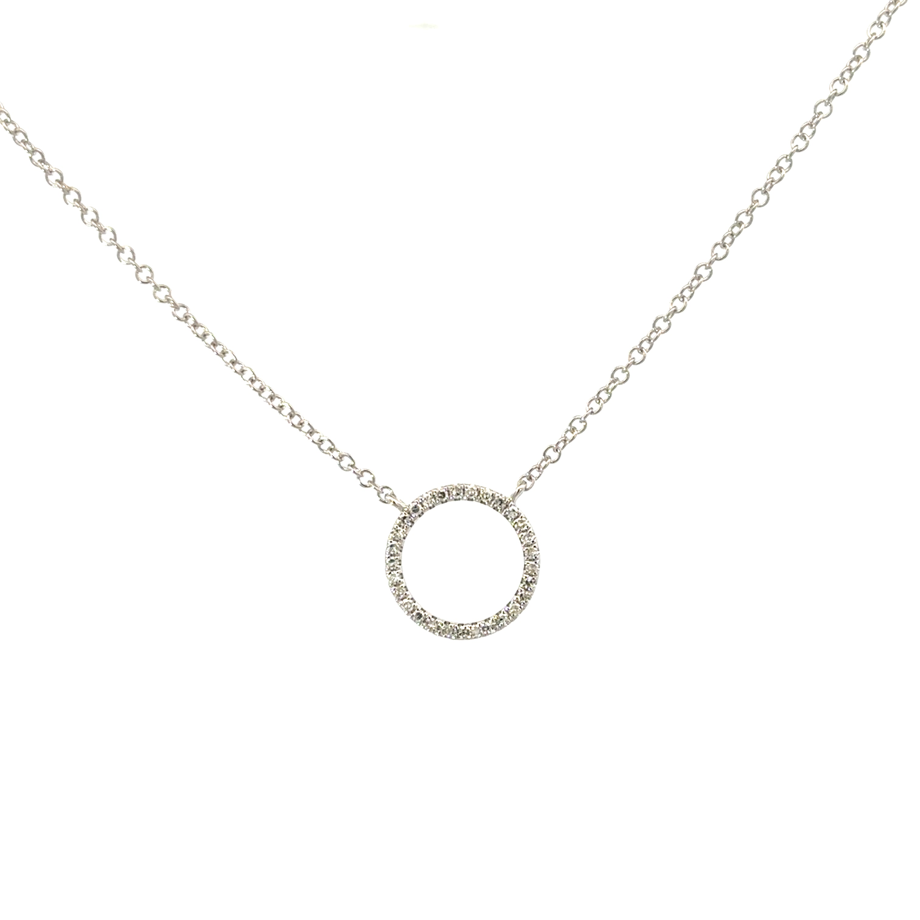 SMALL DIAMOND OUTLINE CIRCLE NECKLACE SET IN 14K WHITE GOLD