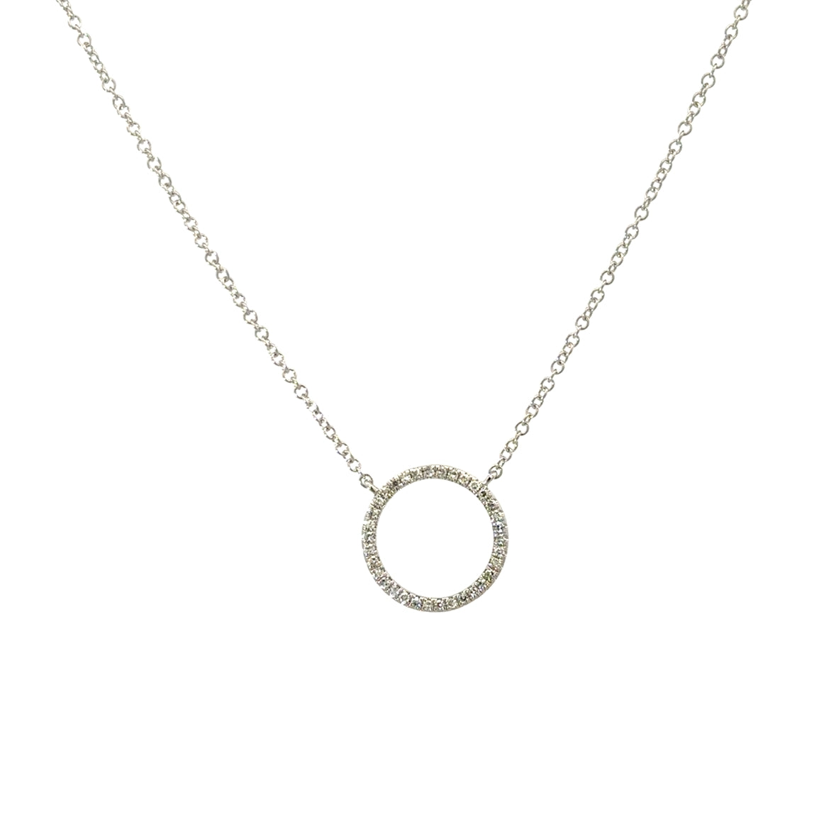 DIAMOND OUTLINE CIRCLE NECKLACE SET IN 14K WHITE GOLD