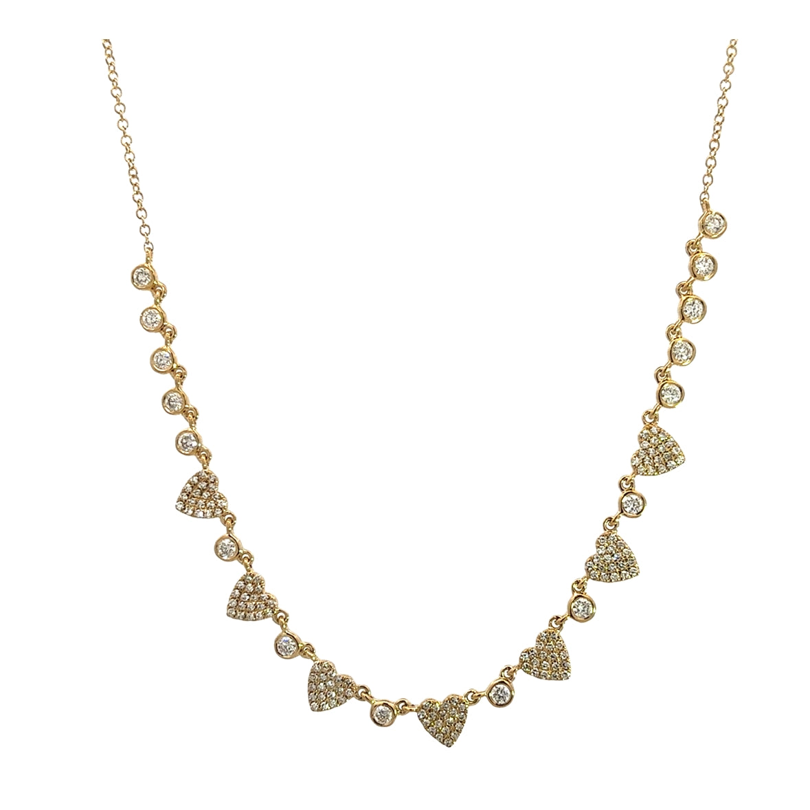 DIAMOND PAVÉ HEARTS ON A BAR NECKLACE SET IN 14K YELLOW GOLD