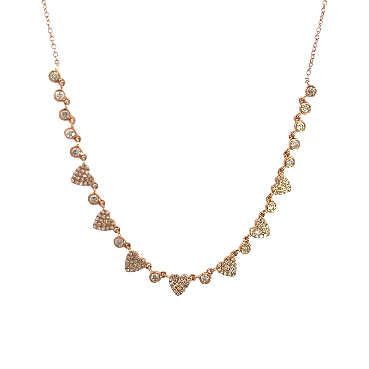 DIAMOND PAVÉ HEARTS ON A BAR NECKLACE SET IN 14K ROSE GOLD