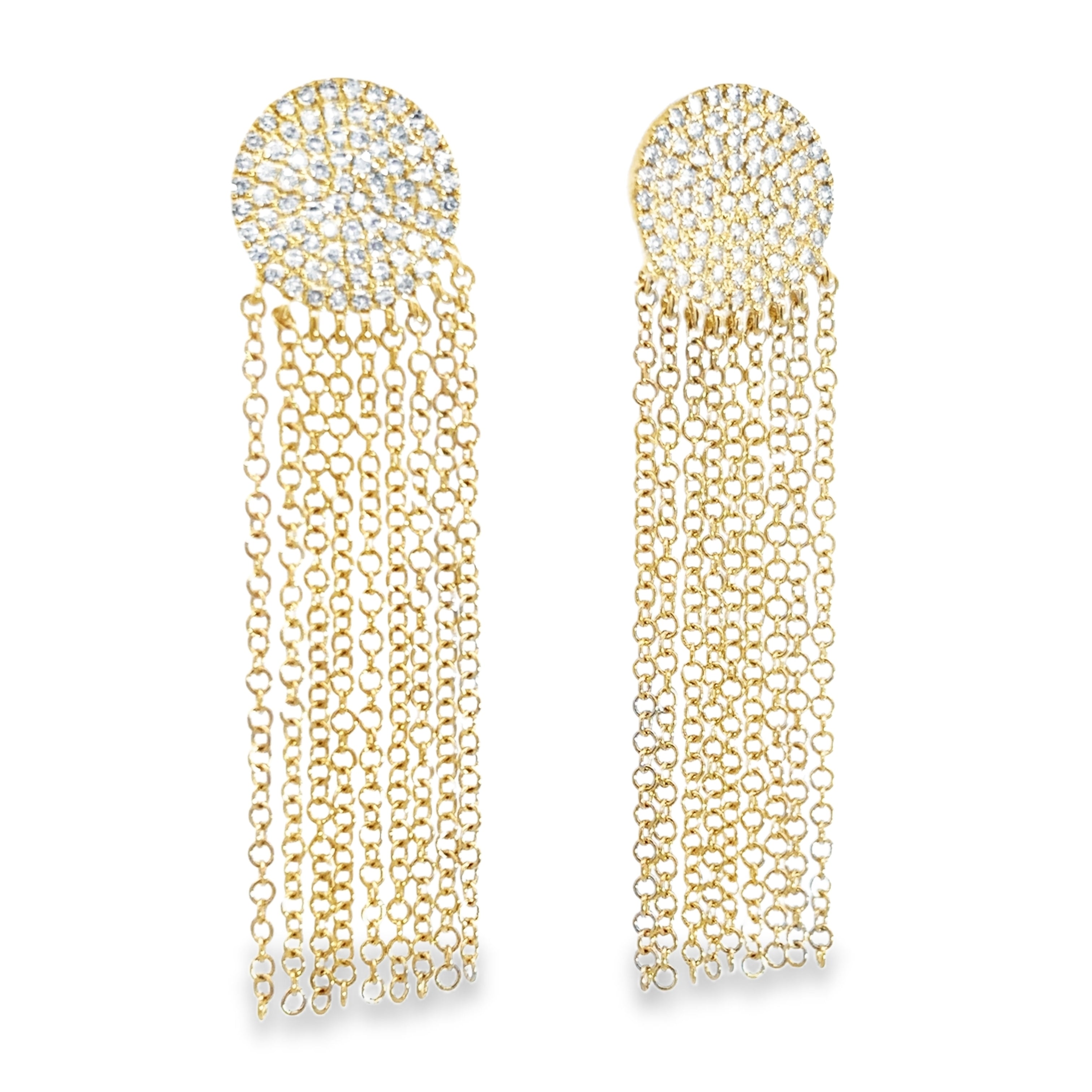 DIAMOND ROUND PAVÉ DROP EARRINGS WITH CHAINS SET IN 14K YELLOW GOLD