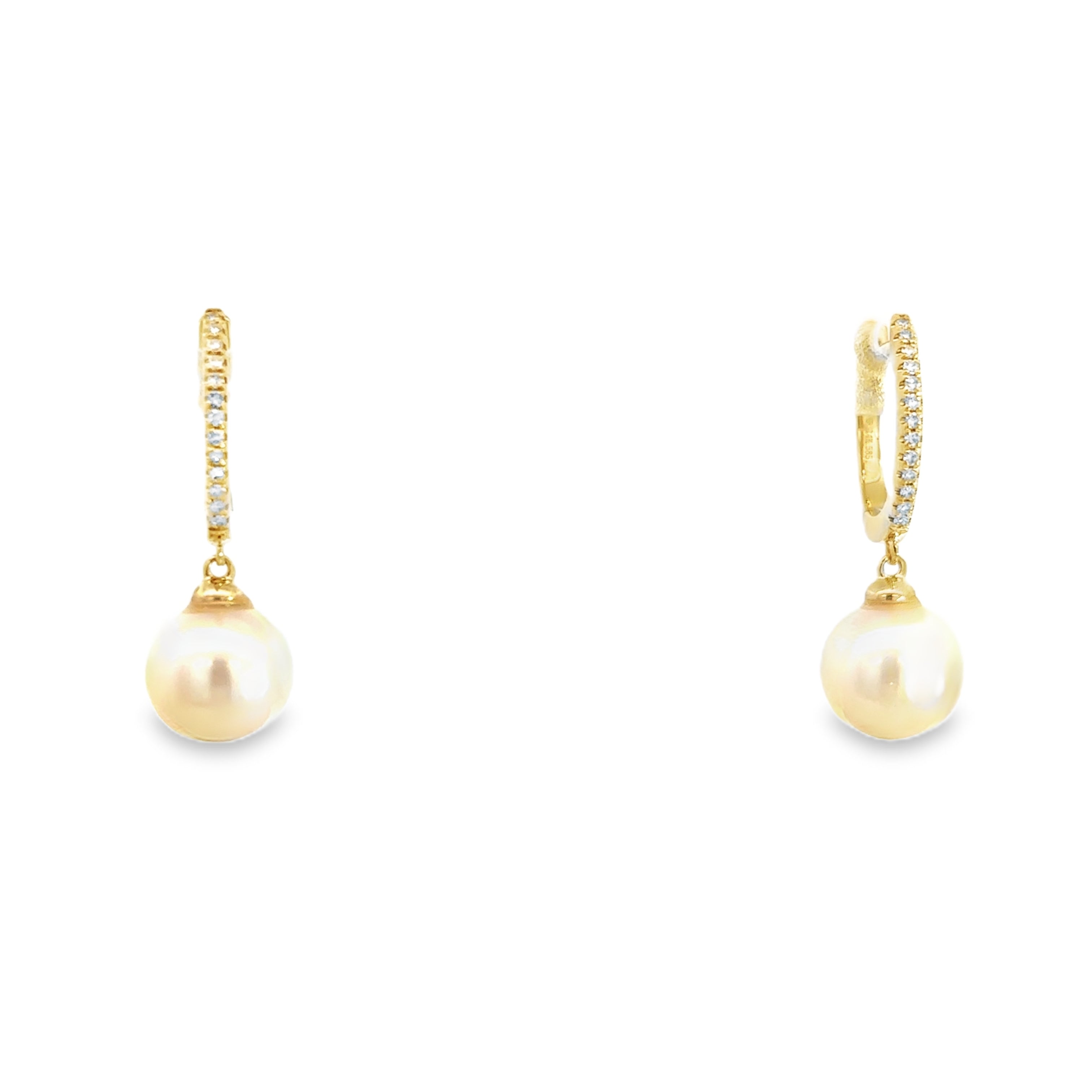 DIAMOND HUGGIES WITH PEARL PENDANT SET IN 14K YELLOW GOLD