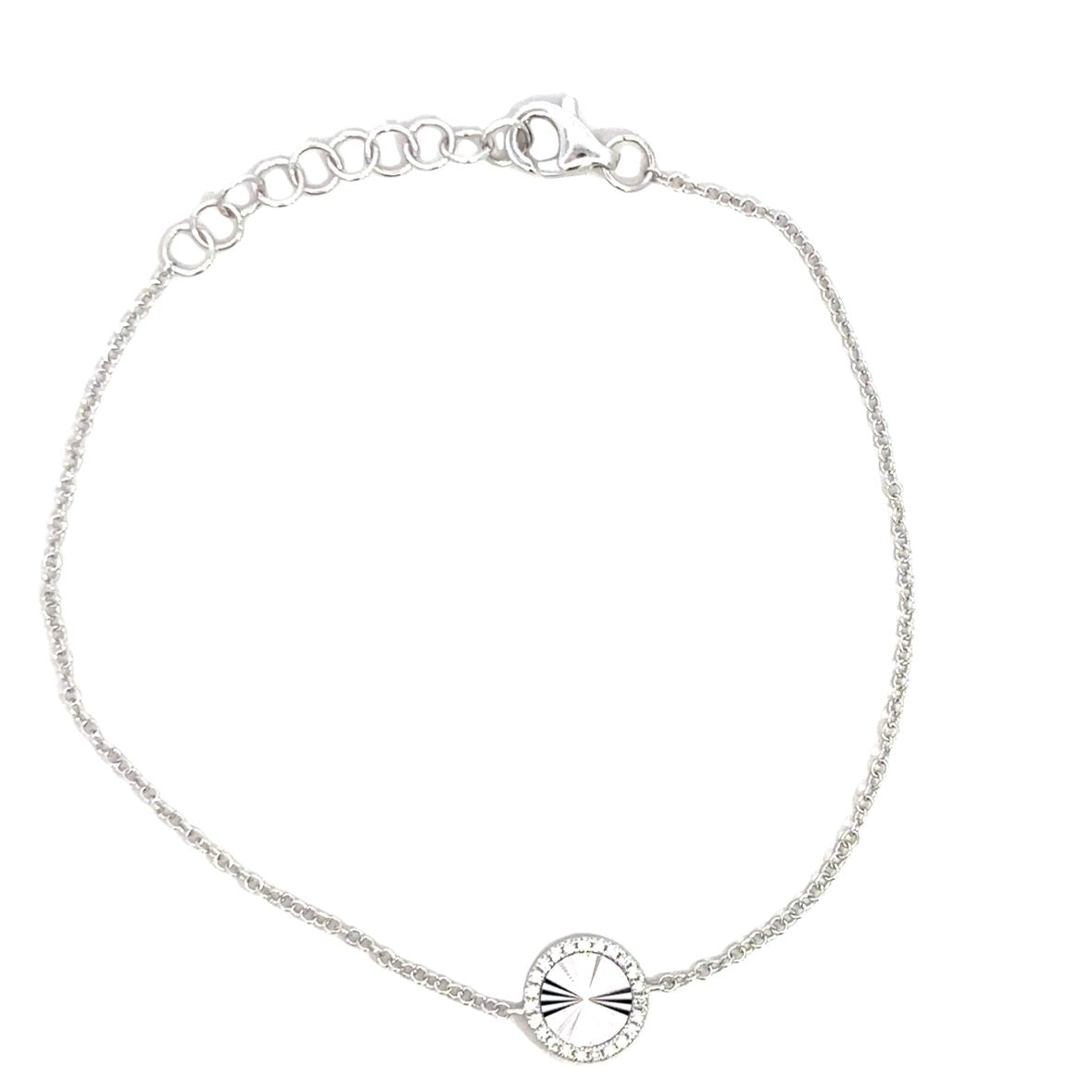 TEXTURED CIRLE WITH DIAMOND HALO BRACELET SET IN 14K WHITE GOLD