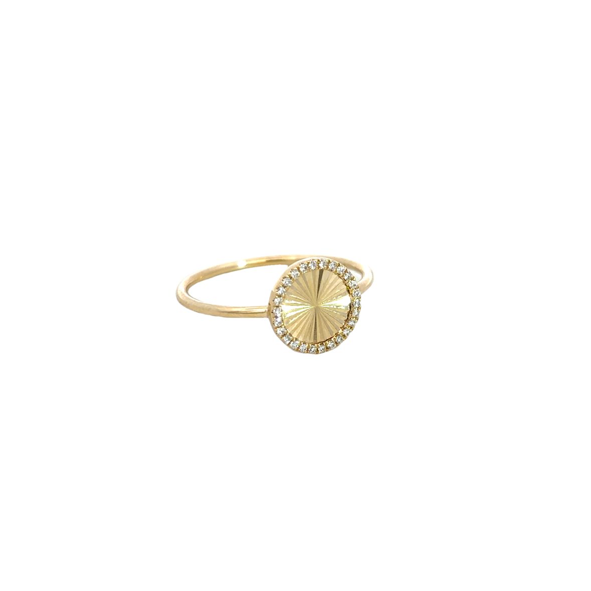 TEXTURED CIRCLE WITH DIAMOND HALO RING SET IN 14K YELLOW GOLD