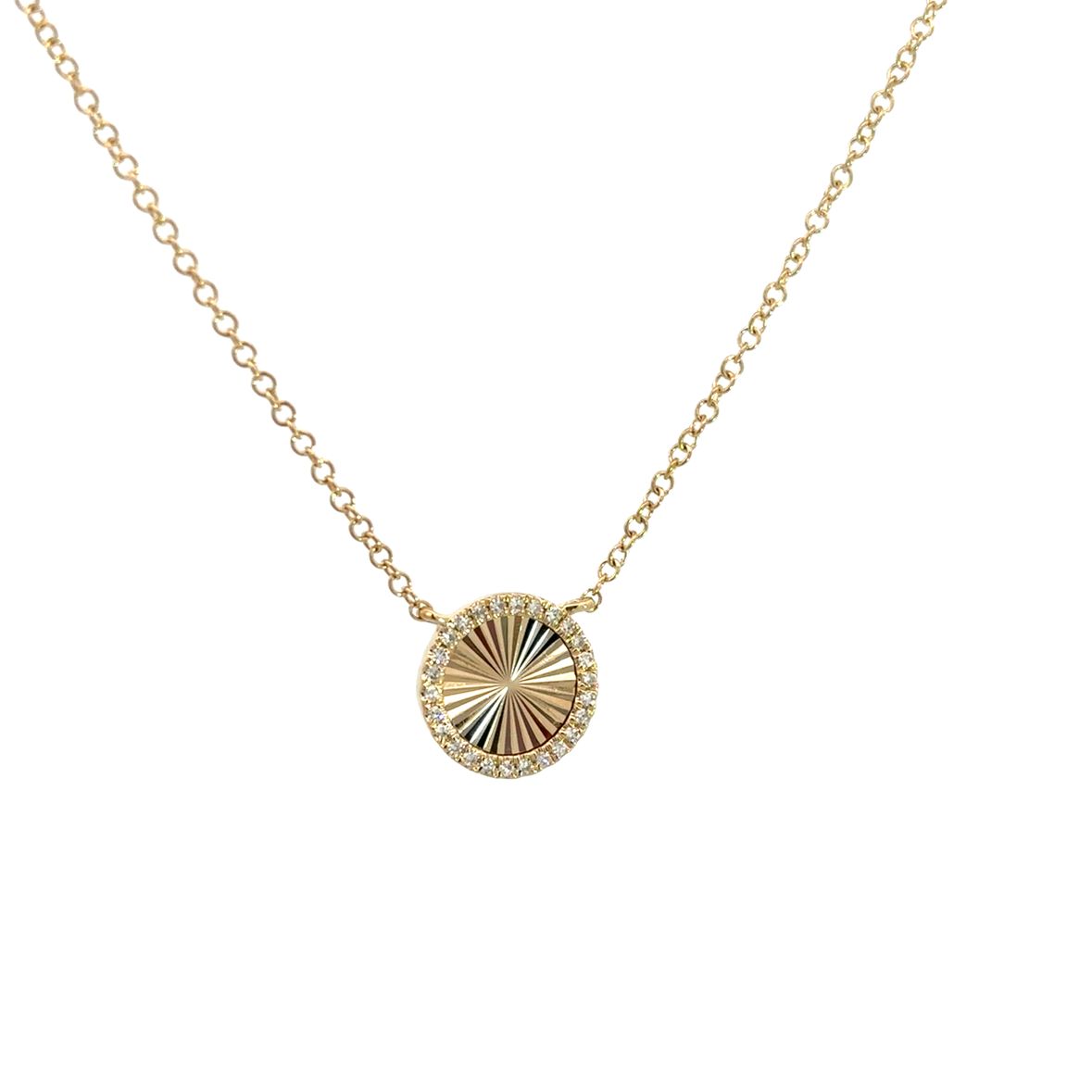 TEXTURED CIRCLE WITH DIAMOND HALO NECKLACE SET IN 14K YELLOW GOLD