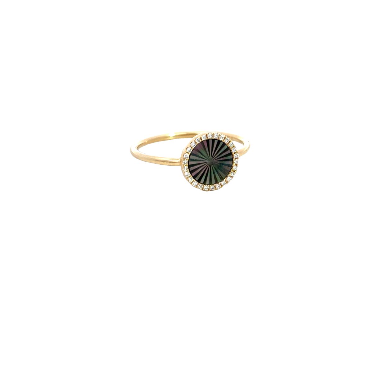 BLACK MOTHER OF PEARL SMALL CIRCLE WITH DIAMOND HALO RING SET IN 14K YELLOW GOLD