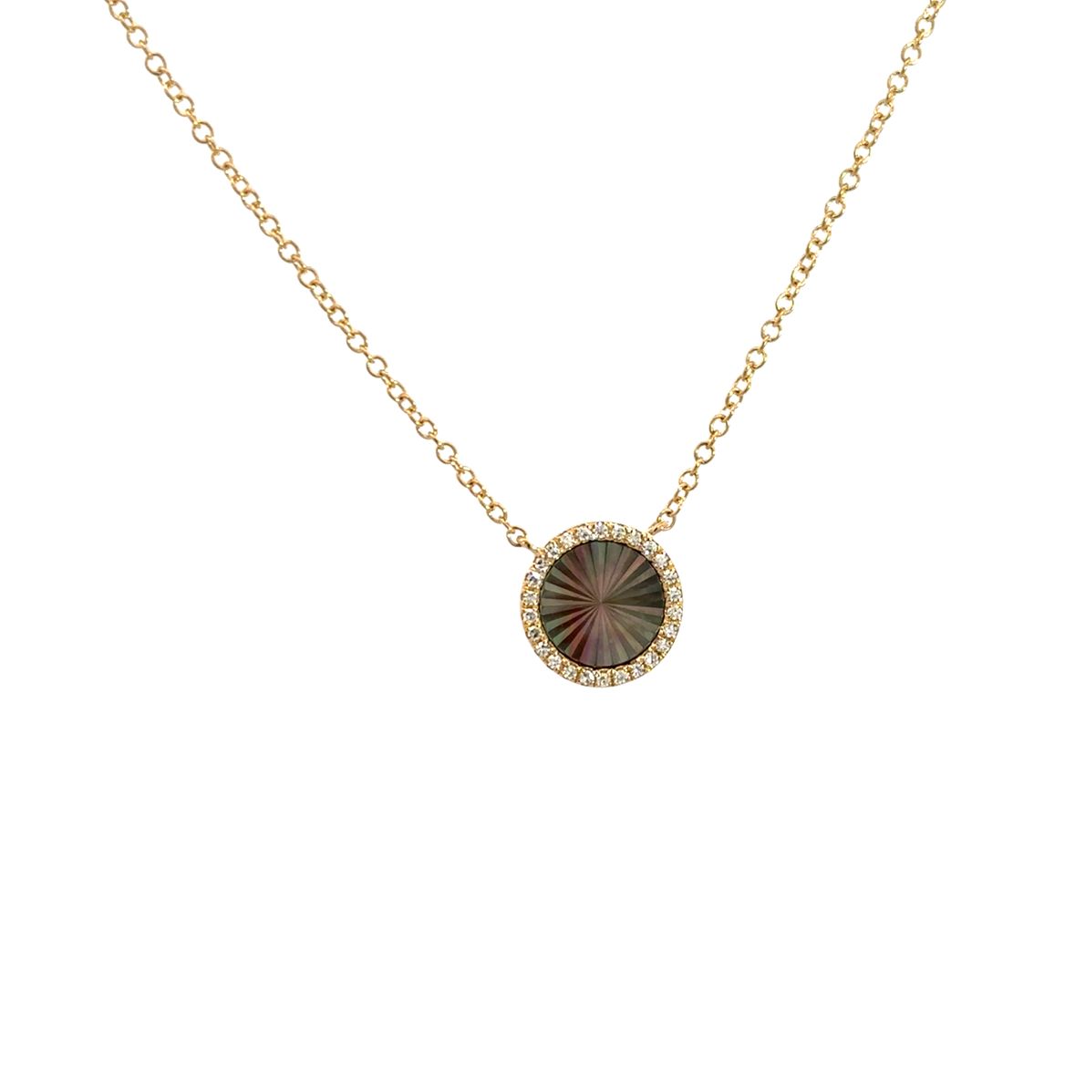 BLACK MOTHER OF PEARL CIRCLE WITH DIAMOND HALO NECKLACE SET IN 14K YELLOW GOLD