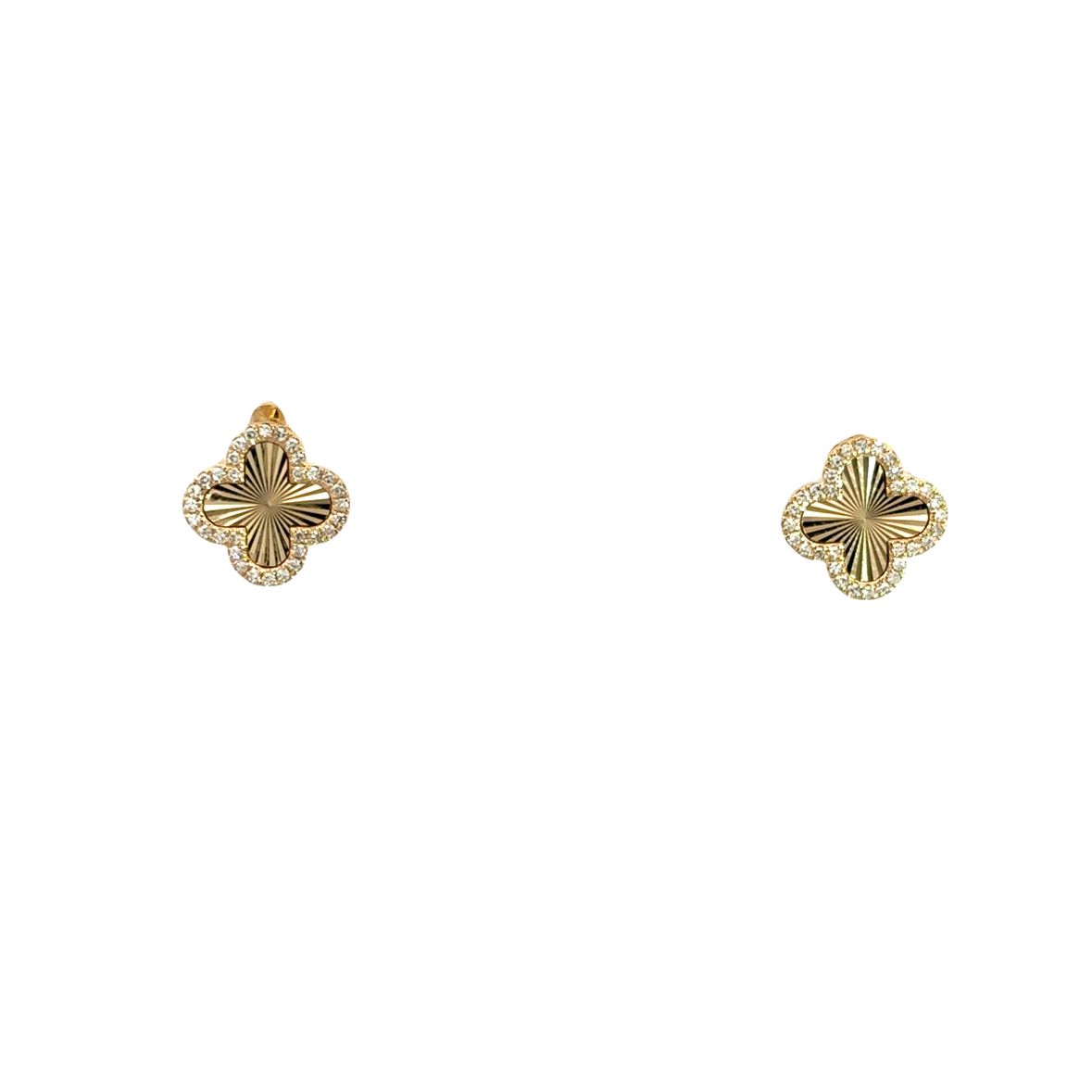 TEXTURED CLOVER WITH DIAMOND HALO EARRINGS SET IN 14K YELLOW GOLD