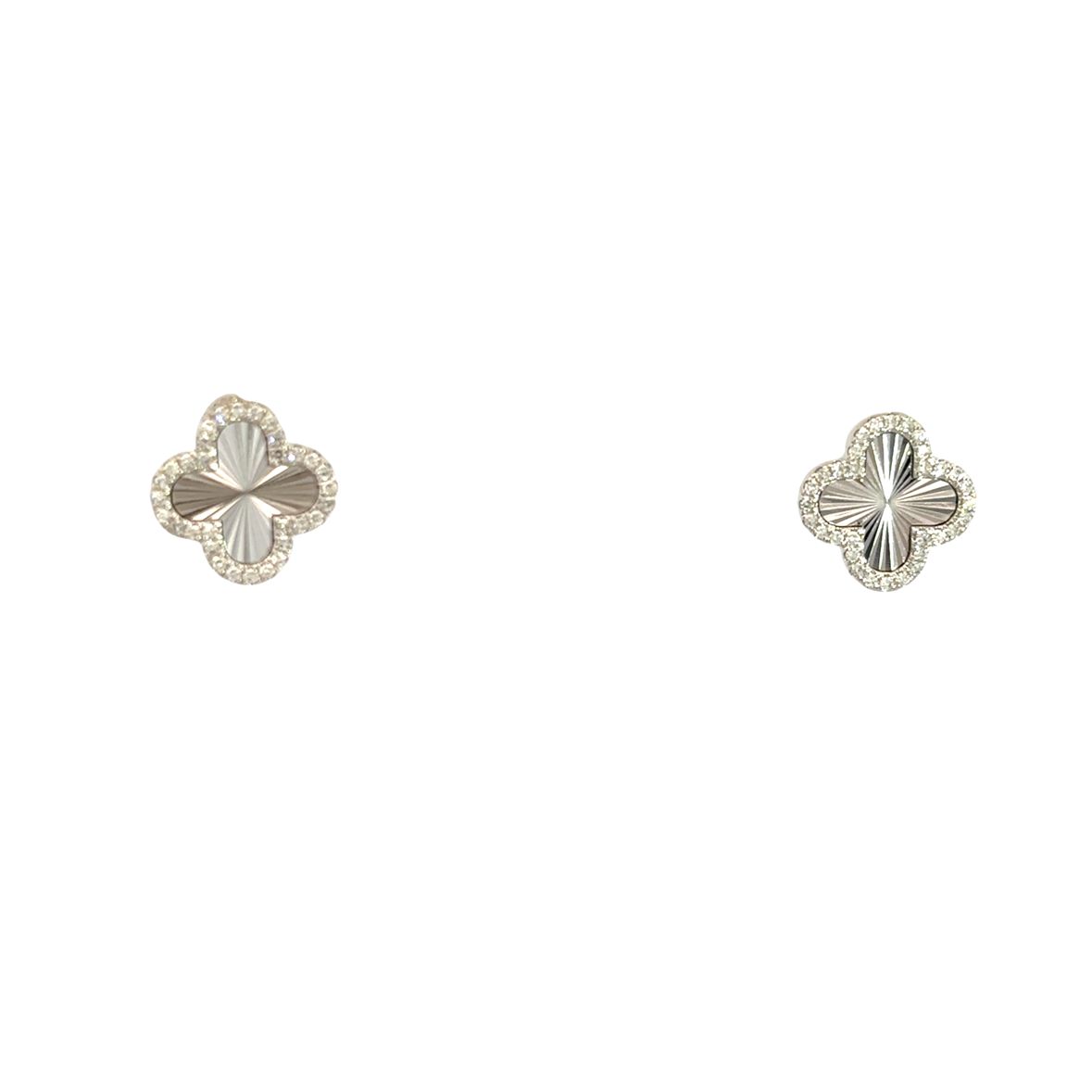 TEXTURED CLOVER WITH DIAMOND HALO EARRINGS SET IN 14K WHITE GOLD