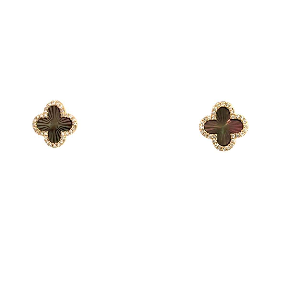 MOTHER OF PEARL CLOVER WITH DIAMOND HALO EARRINGS SET IN 14K YELLOW GOLD