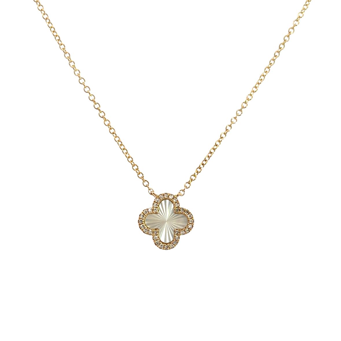 MOTHER OF PEARL CLOVER WITH DIAMOND HALO NECKLACE SET IN 14K YELLOW GOLD